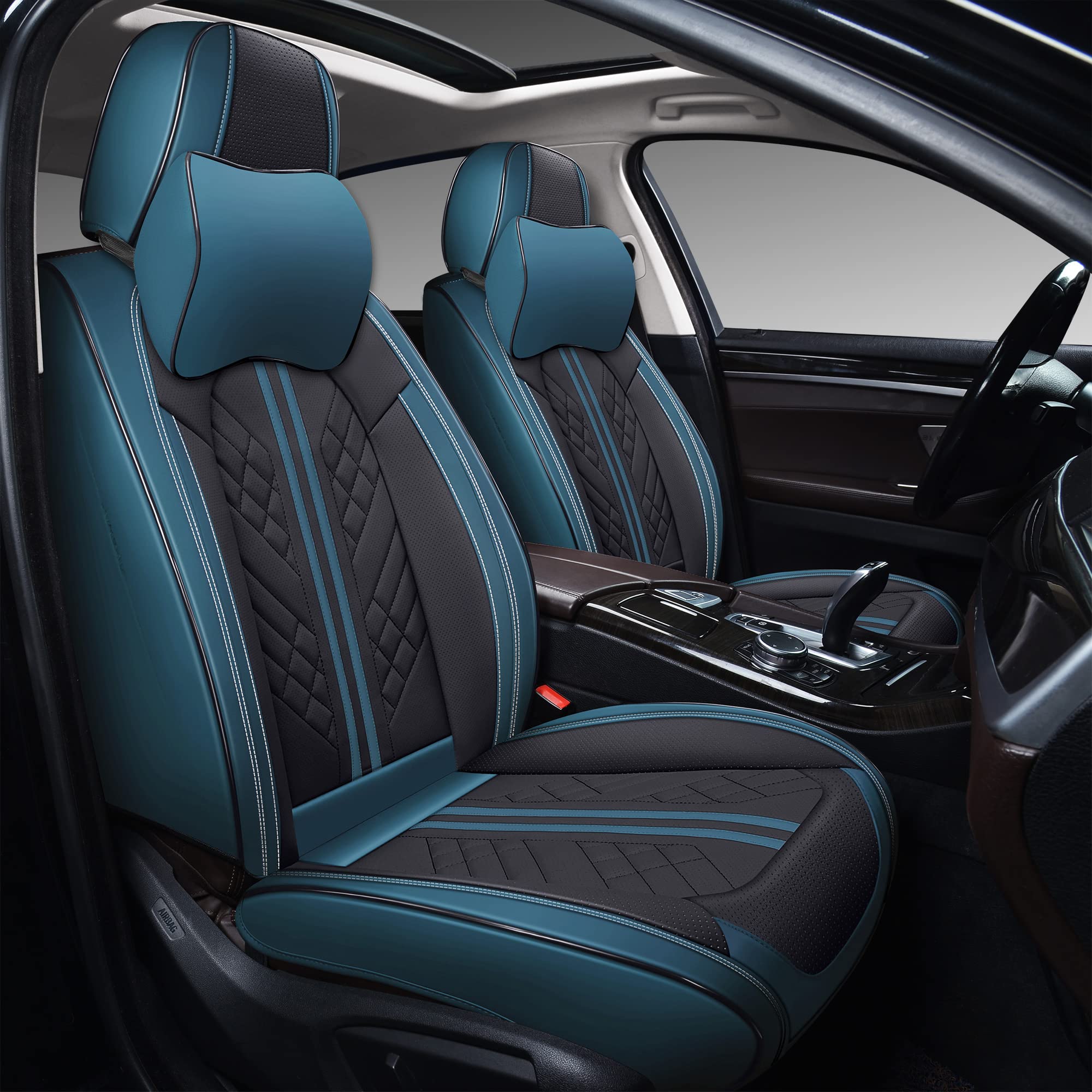 Premium GXT Deluxe Faux Leather Car Seat Cover - Universal Fit for Sedans, SUVs & Trucks - Anti-Slip Full Coverage Design with Headrests (Peacock Blue/Black) | Interior Accessories for Comfort & Style | Perfect for Daily Commute, Road Trips & Vehicle Protection