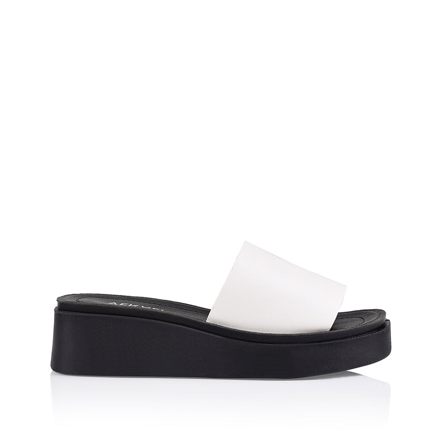 Rascal Women's Flatform Slide Sandals - White Smooth Leather Comfortable Summer Slides for Beach, Pool, and Casual Outings
