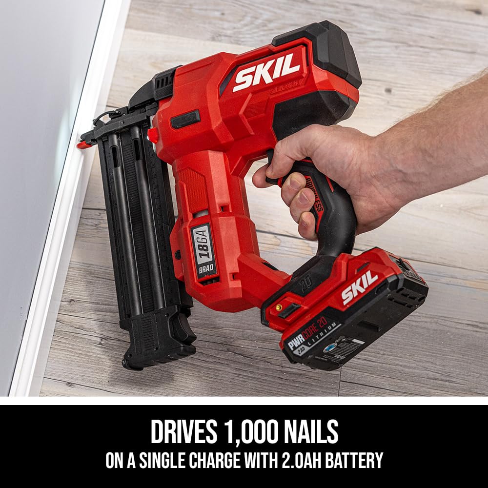 SKIL PWR CORE 20 Brushless 20V 18 Gauge Brad Nailer Kit with 2.0Ah USB-C Battery & Charger - Cordless Nail Gun for Woodworking, Carpentry, and DIY Home Projects - NA1800B-10