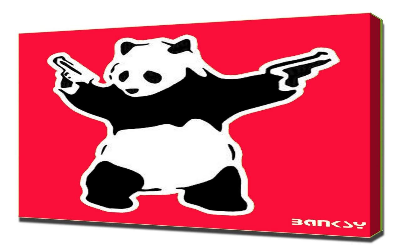 Banksy Panda Guns Yellow Canvas Art Print - Stretched Wall Art Decor for Living Room, Bedroom & Office