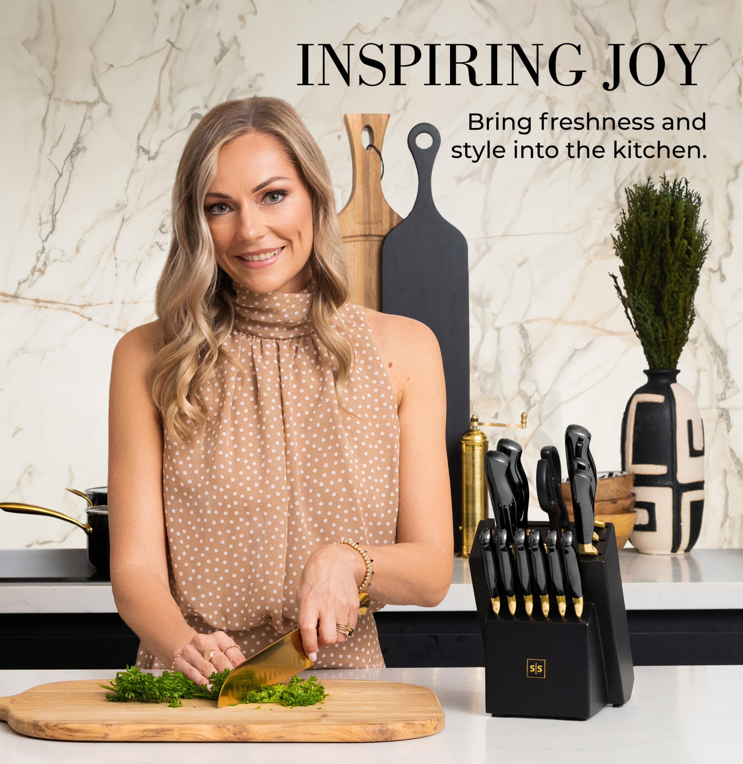 Premium 14-Piece Black & Gold Knife Set with Wooden Block & Built-in Sharpener - Full Tang Kitchen Knives for Cooking, Slicing & Food Prep - Luxury Gold Kitchen Accessories Gift Set for Chefs & Home Cooks - Perfect for Holiday Gifting, Wedding Registry & Professional Kitchens