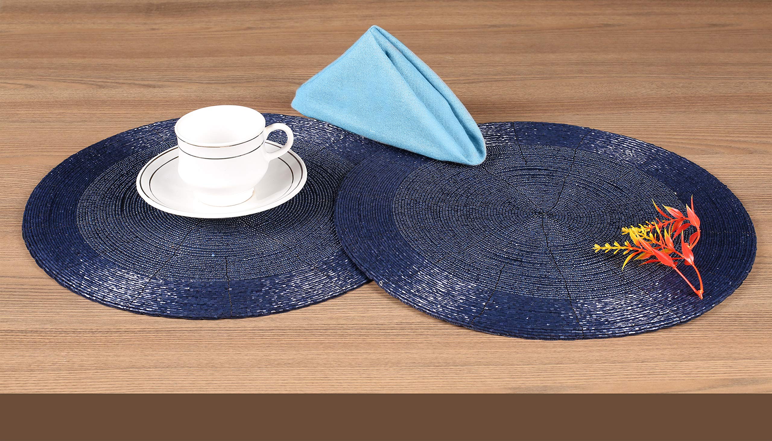 Lightnpro Farmhouse Beaded Placemats Set of 4 - Round Handwoven Table Chargers - 13 Inch Navy Blue Decorative Placemats for Dining Table & Special Occasions - Perfect for Farmhouse, Rustic, or Coastal Home Decor - Ideal for Dinner Parties, Weddings, and Holiday Gatherings