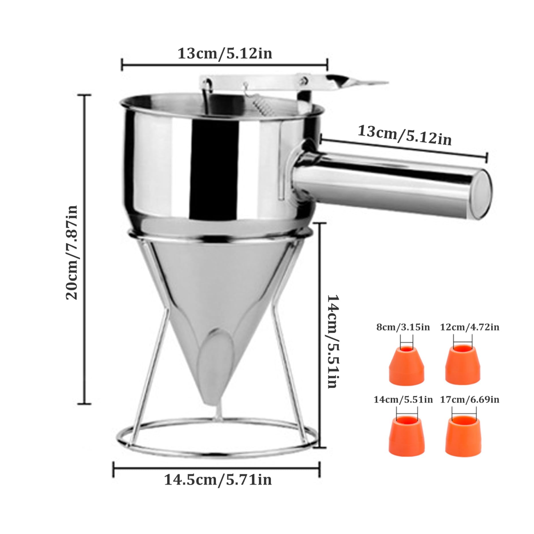 **40oz Stainless Steel Pancake Batter Dispenser with Stand & 4 Nozzles – Perfect for Griddle Cakes, Funnel Cakes, Desserts & Baking – Durable Piston Funnel for Easy Pouring**    *(Use Cases: Ideal for making pancakes, waffles, funnel cakes, cupcakes, crepes, and other desserts at home, bakeries, or food trucks.)*