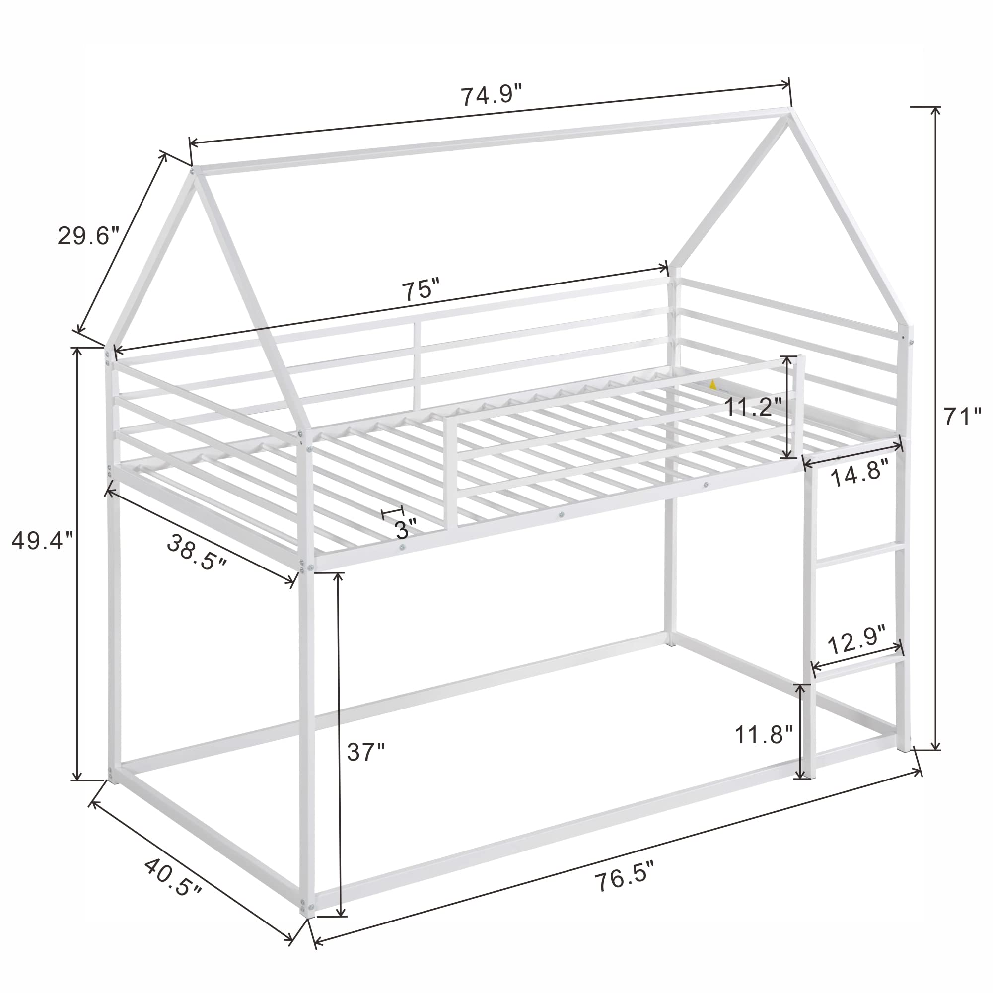 Twin Over Twin Metal Bunk Bed with Built-in Ladder - Sturdy Kids & Toddler Bunk Bed Frame - White House Style with Mosquito Net Option - Perfect for Small Bedrooms, Shared Kids Rooms & Vacation Homes