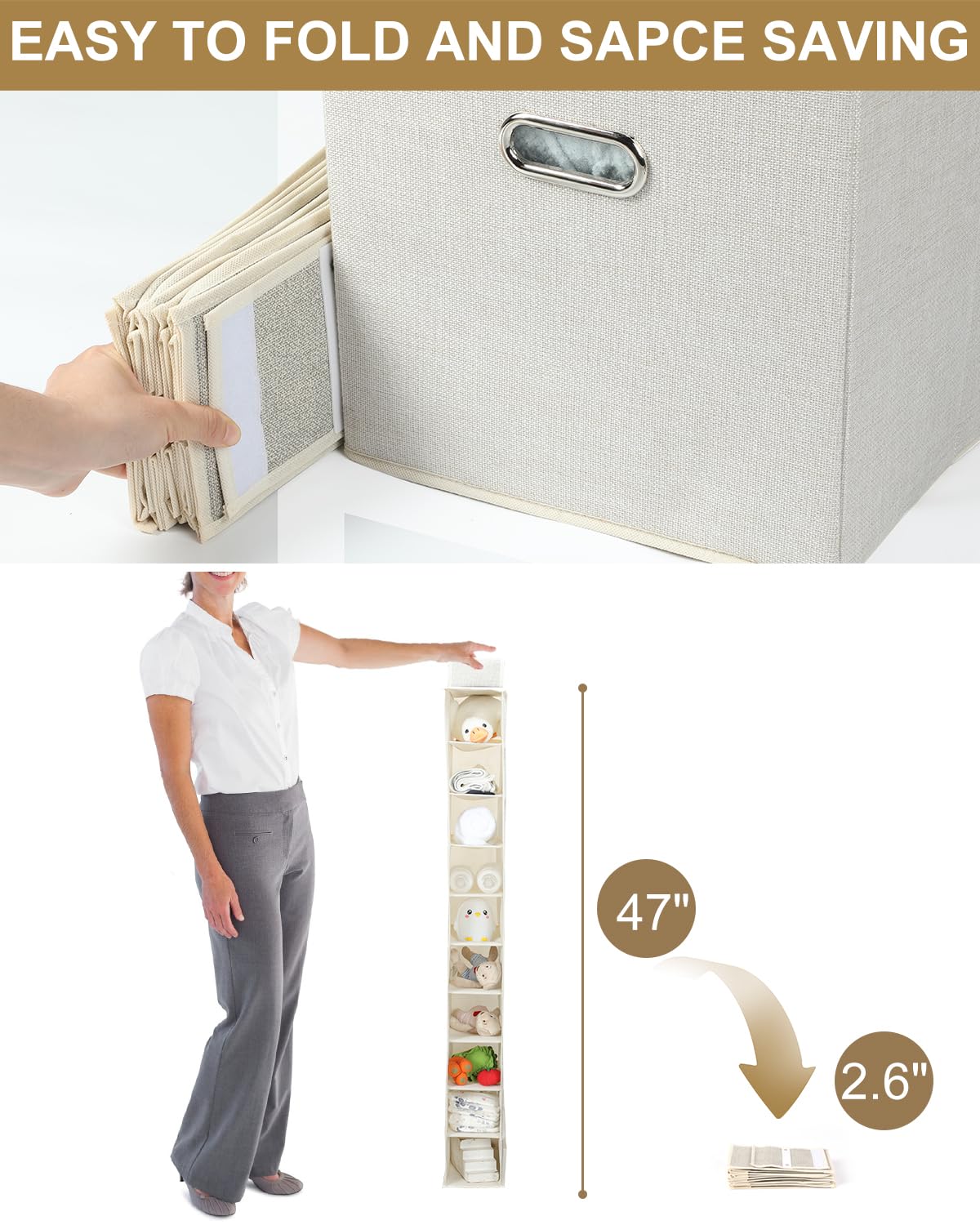 10-Tier Hanging Shoe Organizer for Closet - Foldable Storage Shelves for Shoes, Wardrobe & Baby Clothes - Space-Saving Beige Closet Organizer | Perfect for Bedroom, Nursery & Small Space Organization