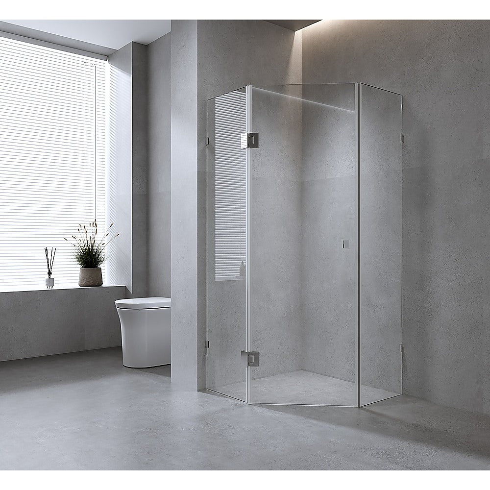 100cm Frameless Diamond Shower Screen with Chrome Brackets & Stainless Steel Hinges - Square Double Pull Handle for Modern Bathroom & Spa Style Shower Enclosure