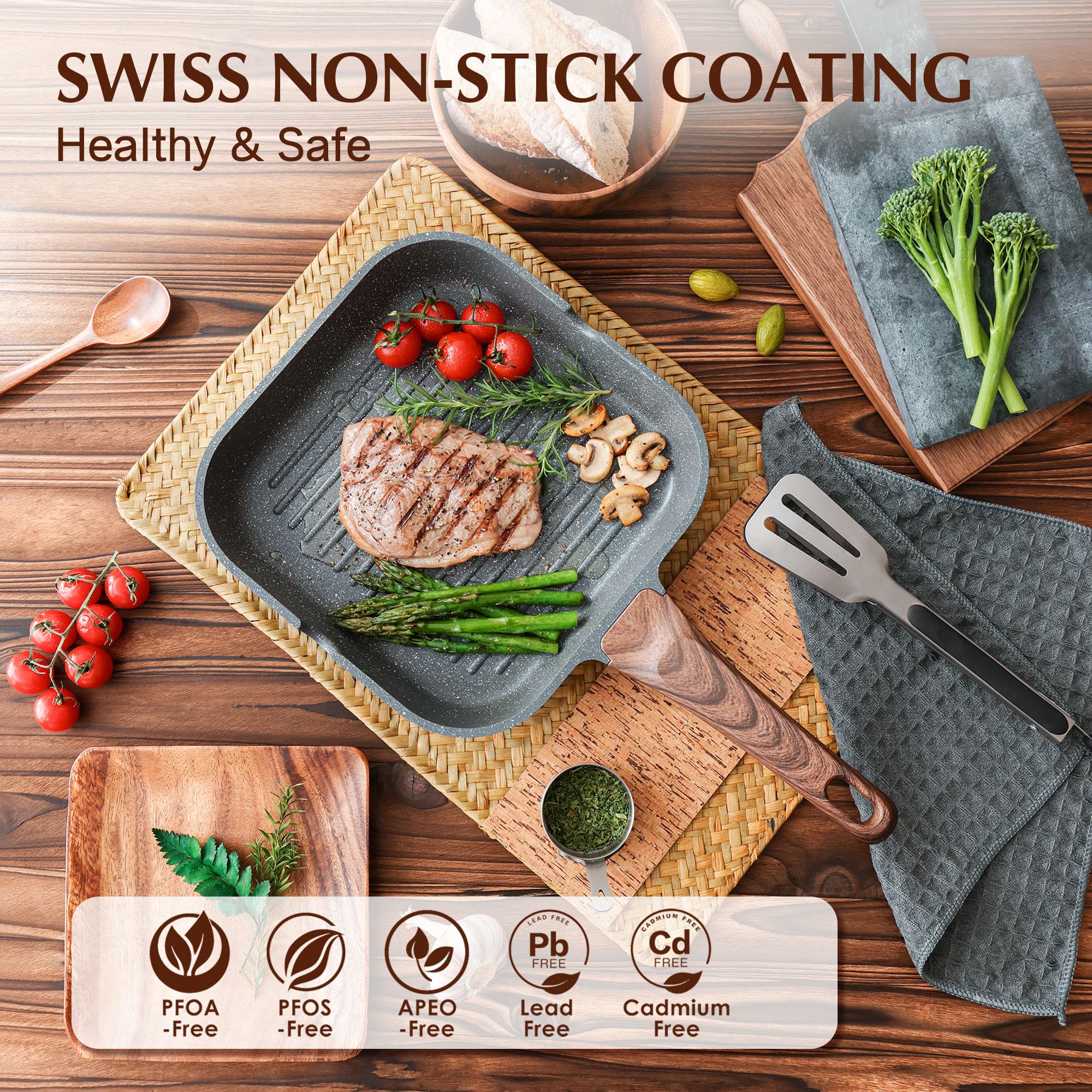 SENSARTE 11 Inch Nonstick Grill Pan for Stove Tops - Square Griddle Pan with Pour Spouts, Large Cooking Surface, PFOA Free - Perfect for Indoor & Outdoor Grilling, BBQ, Pancakes, Burgers, Steaks and More