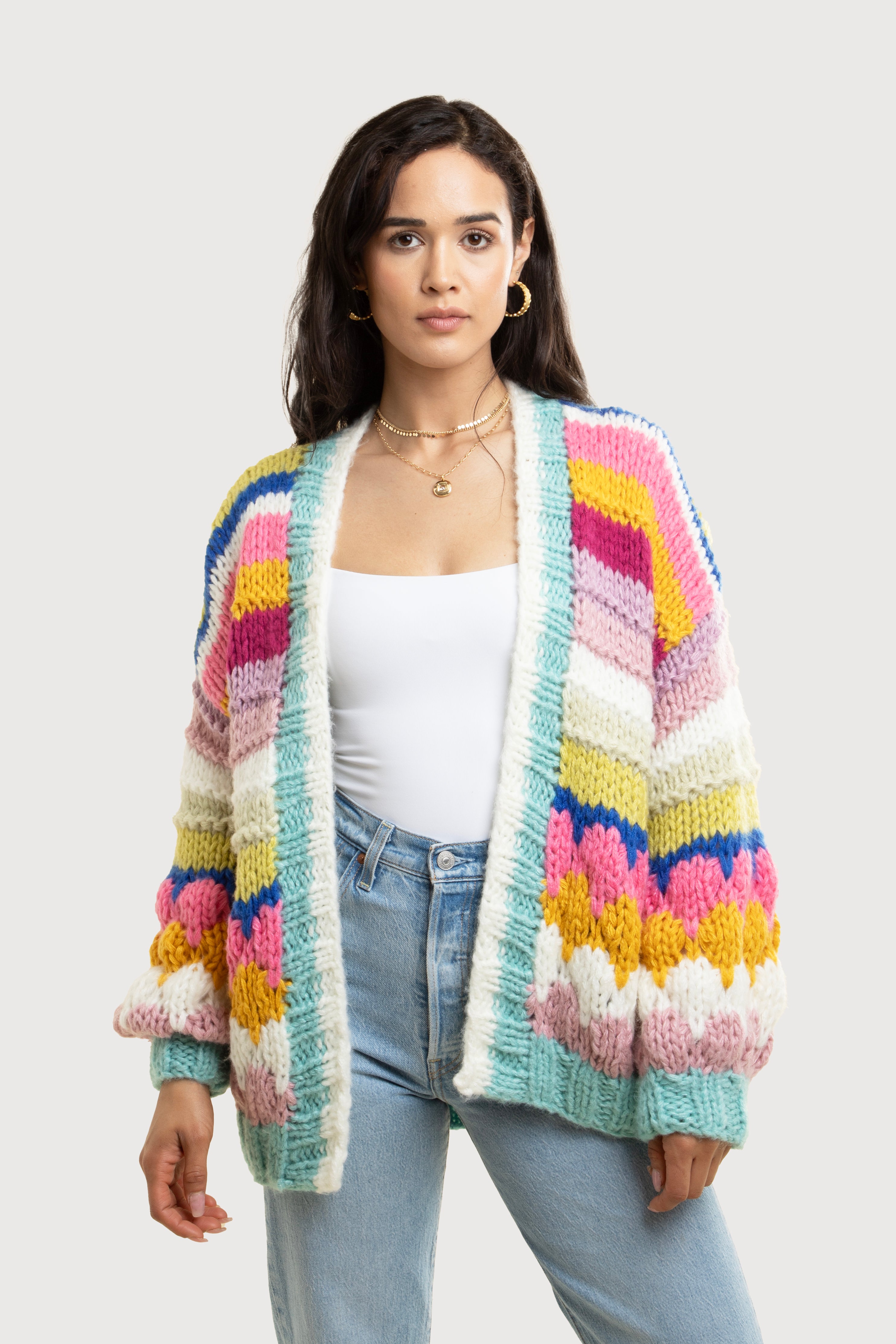Cozy Knitted Rainbow Bubble Stitch Cardigan Sweater for Women - Soft Yarn Oversized Open Front Cover-Up for Fall & Winter - Perfect for Casual Outfits, Coffee Dates, and Weekend Getaways