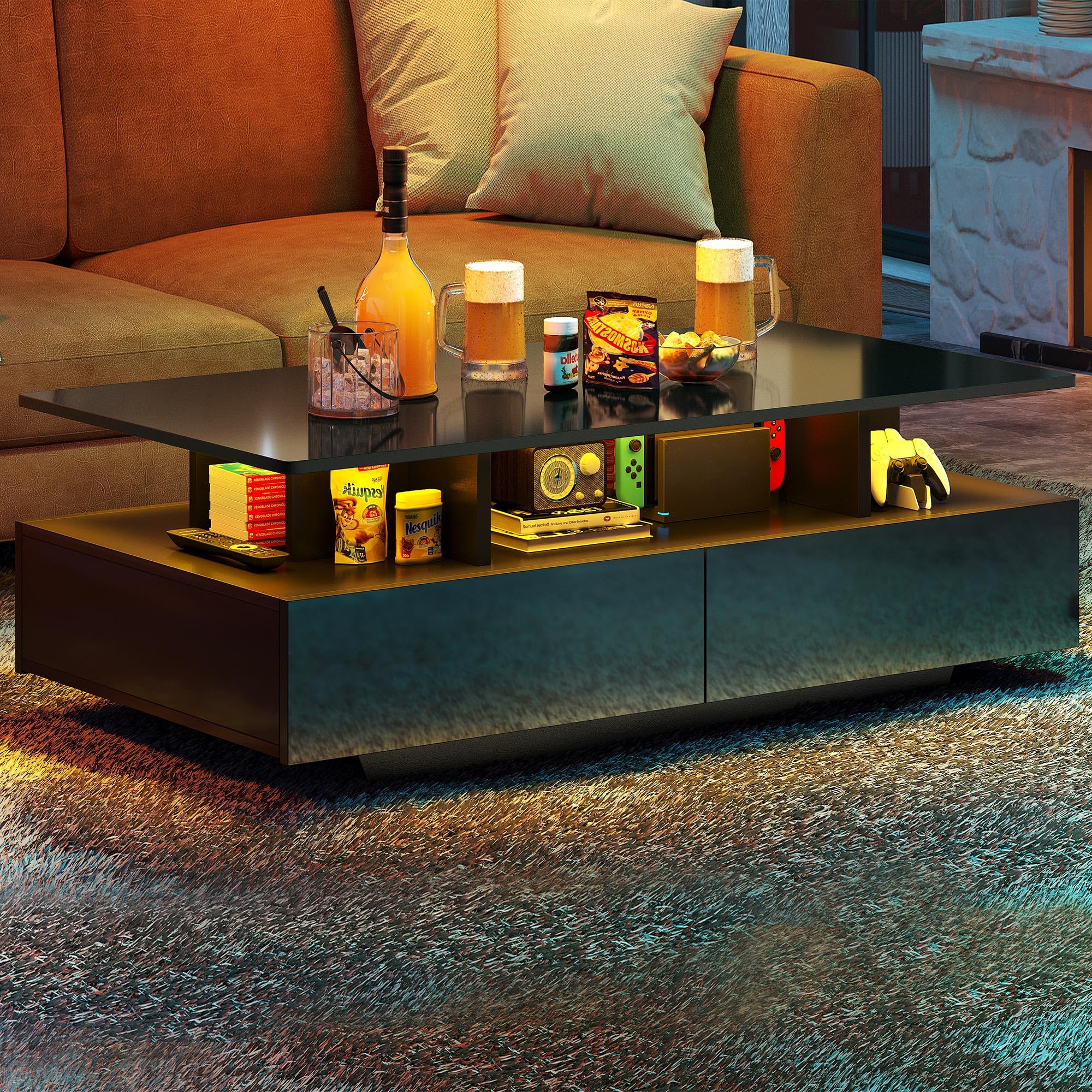 YITAHOME Modern LED Coffee Table with Storage - High Glossy Living Room Center Table with Open Display Shelf & Sliding Drawers - Black End Table for Small Spaces - Perfect for Entertaining, Movie Nights & Cozy Home Decor