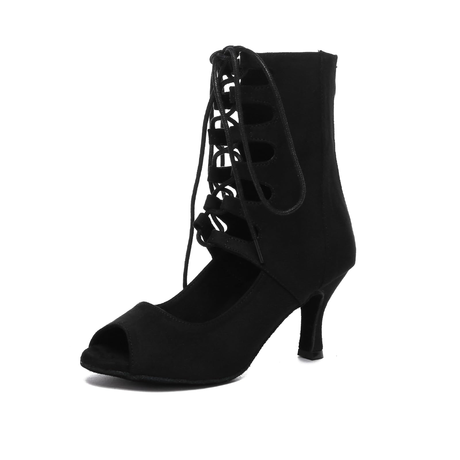 Hipposeus Women's Latin Ballroom Dance Boots - Peep Toe Lace Up High Heel Shoes with Suede Sole for Salsa, Tango & Performance | Professional Dancewear for Women