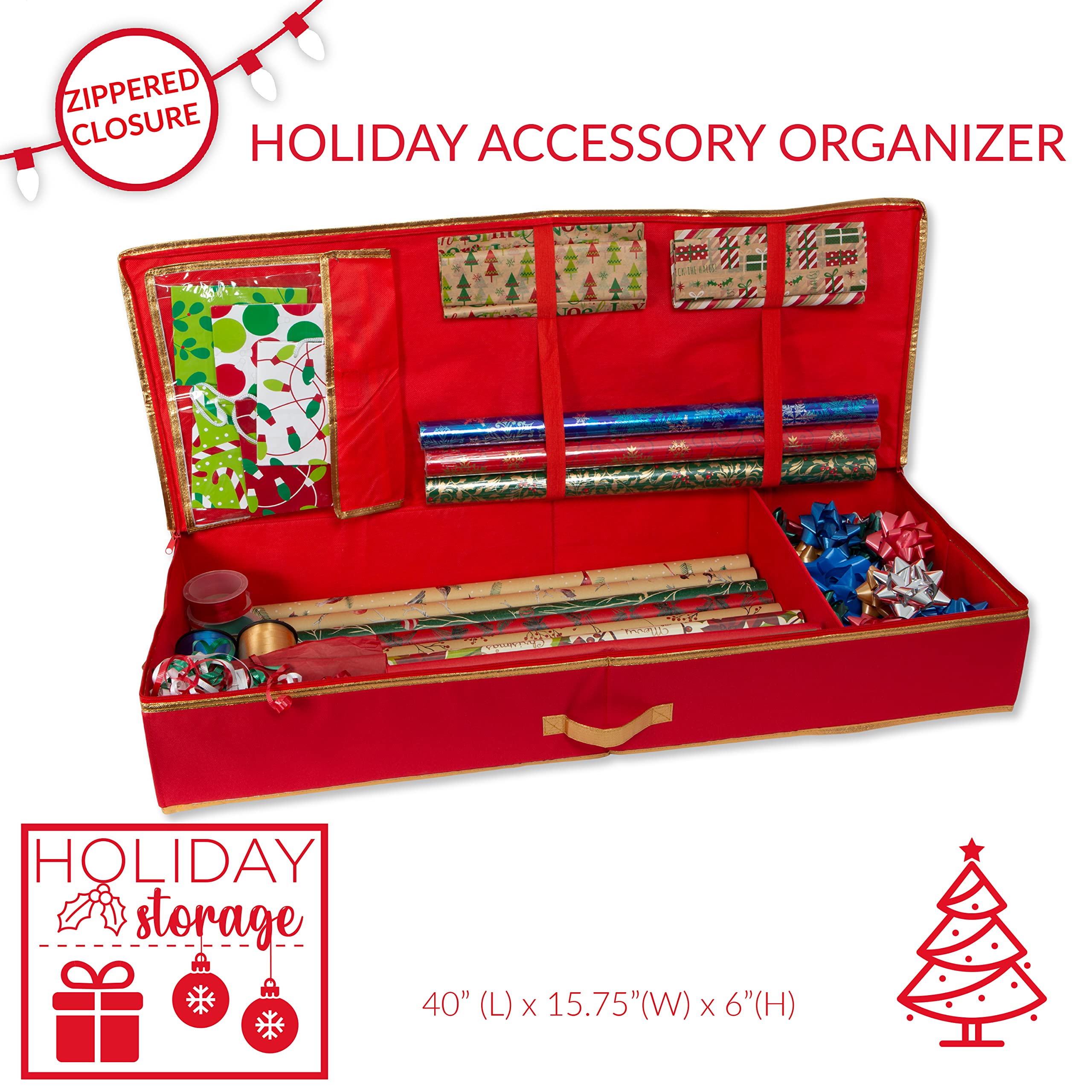 Simplify Holiday Gift Wrap Storage Tote with Compartments for Ribbons & Bows | Zipper Closure & Carry Handle | Christmas Organization Solution | Perfect for Wrapping Paper Storage, Holiday Decor Organization & Gift Wrapping Station (Red)