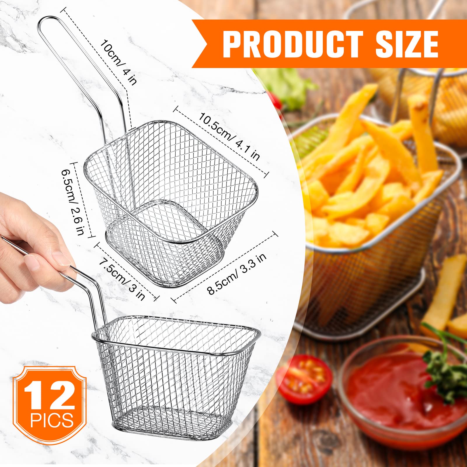 12 Pack Mini Square Fry Baskets - Stainless Steel French Fry Holders for Deep Frying, Food Serving & Kitchen Decor | Reusable Small Fryer Containers with Handle for Home & Commercial Use (Silver)