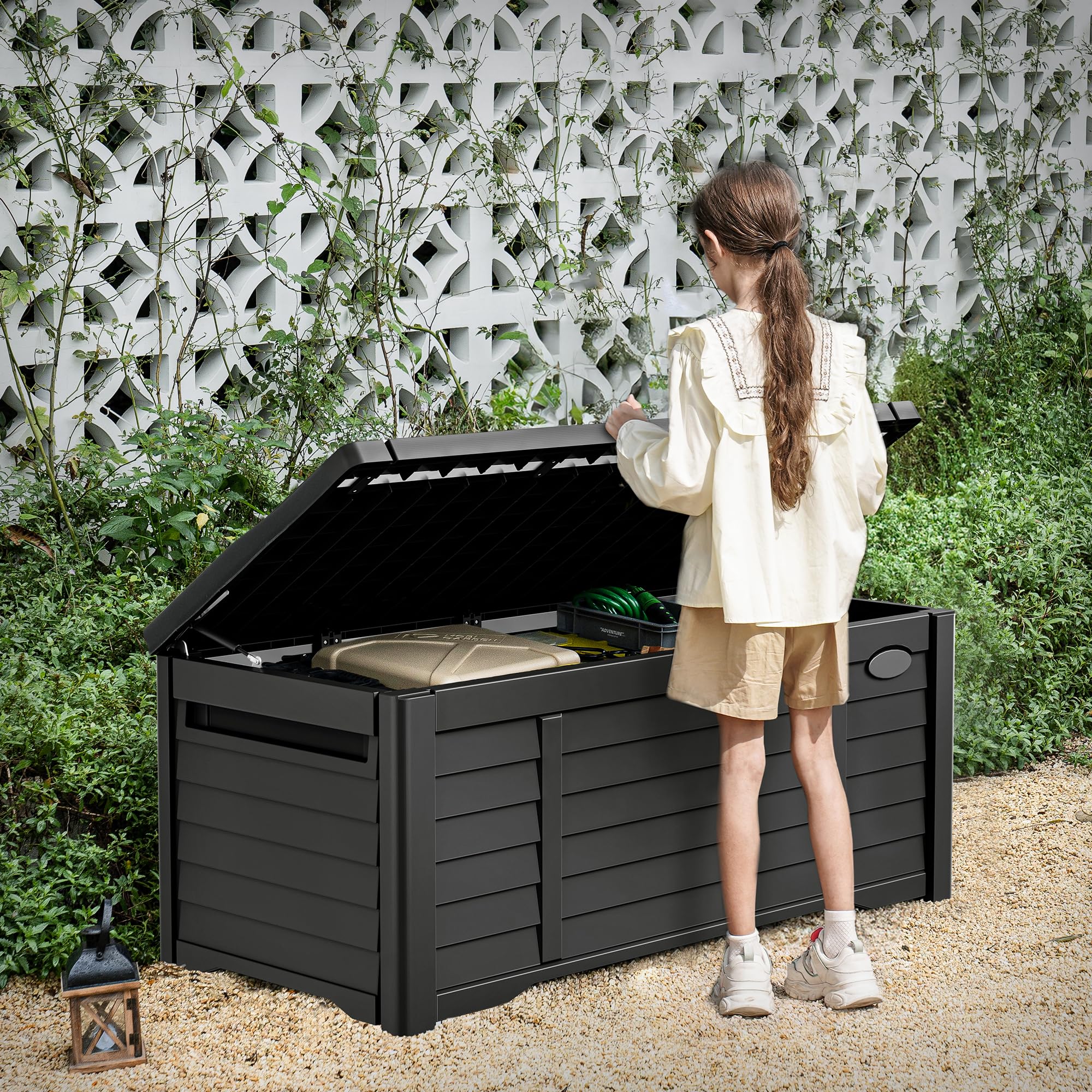 DWVO 120 Gallon Outdoor Storage Deck Box - Waterproof, Lockable Resin Storage Bench for Patio, Garden & Backyard - Durable Black Deck Box for Cushions, Toys & Pool Accessories