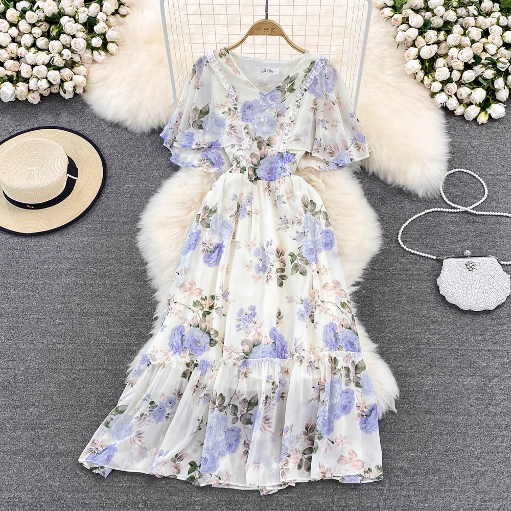 Elegant Fairy High Waist V-Neck Ruffled Chiffon Floral Maxi Dress for Women - Perfect for Summer Weddings, Garden Parties & Romantic Dates