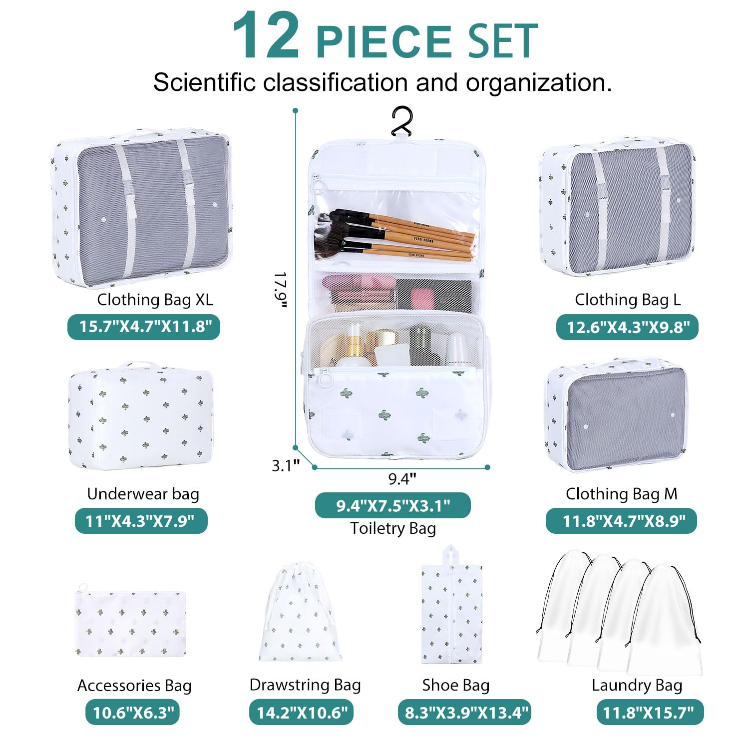 12-Piece Packing Cubes Set for Suitcases - Travel Organizer Bags with Multiple Sizes for Luggage & Carry-On | BESBESME Travel Essentials for Clothes, Shoes & Toiletries (Cactus White) | Perfect for Business Trips, Vacations & Weekend Getaways