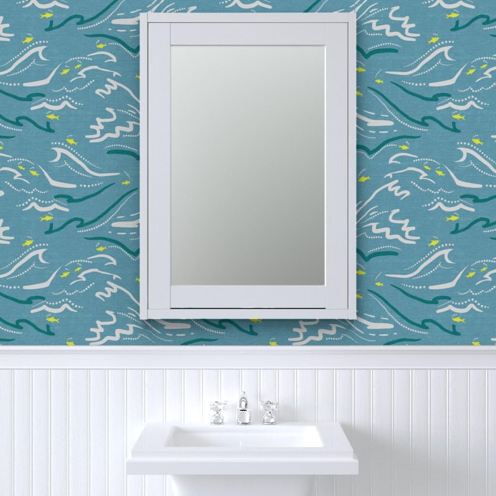 Mid Century Fish Waves Blue Yellow Teal Retro Dots Peel & Stick Removable Wallpaper 3ft x 2ft - Custom Self-Adhesive Wall Decal for Living Room, Bedroom, Nursery & Office Decor