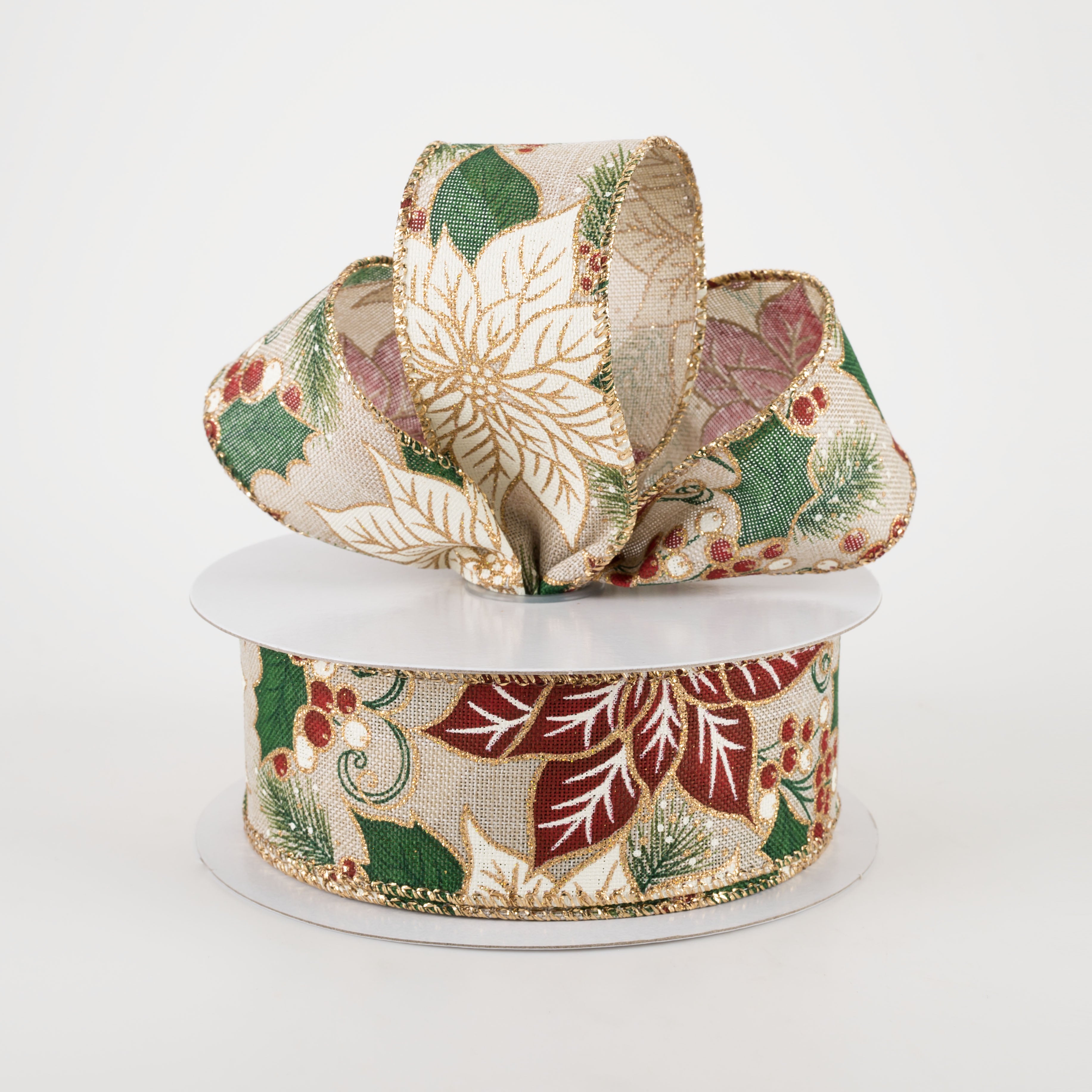 1.5 Inch Golden Edge Poinsettia and Holly Christmas Ribbon - 10 Yards Bulk Roll for Holiday Gift Wrapping, Tree Decorations and DIY Crafts