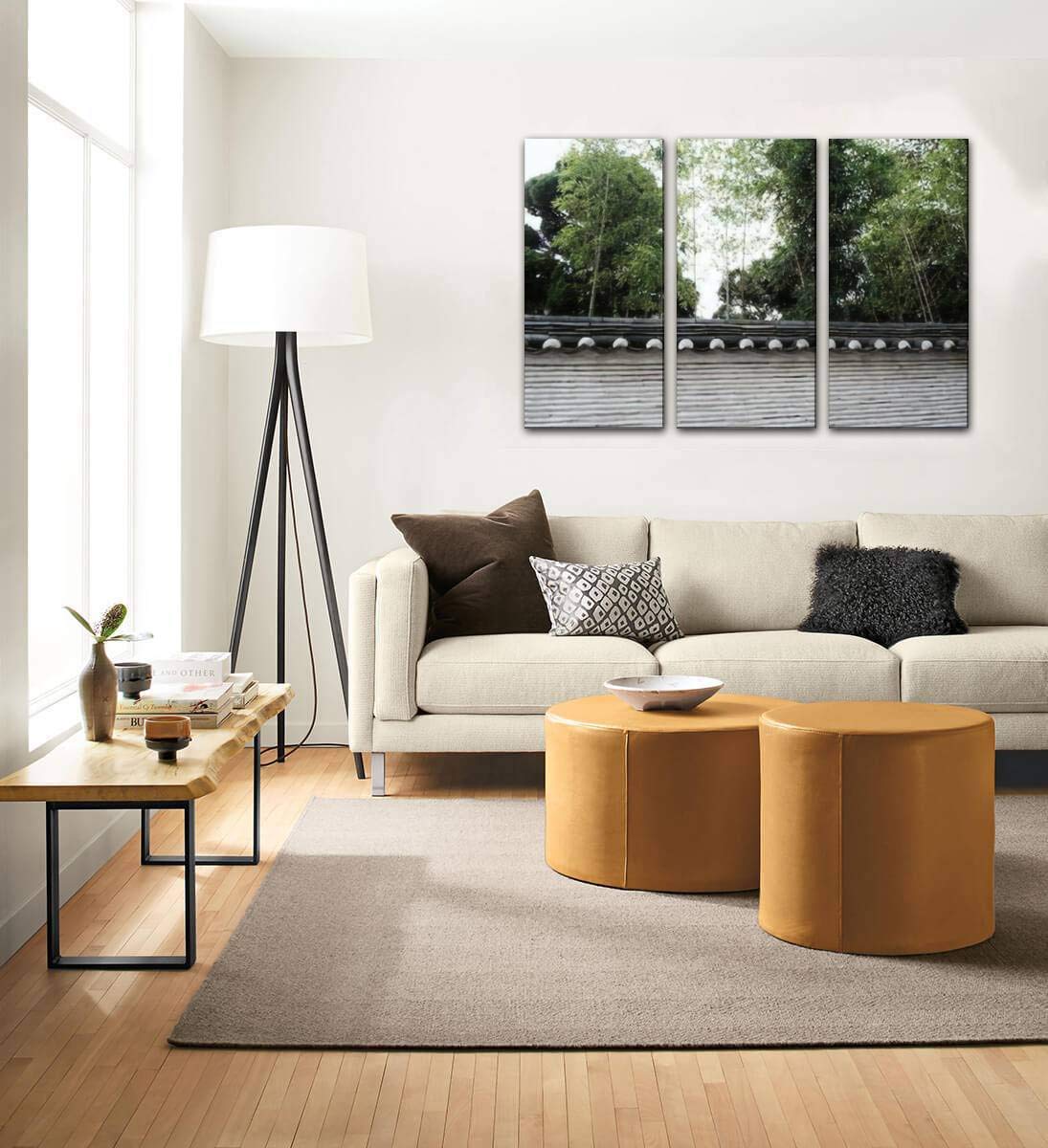 Traditional Gray Stone Wall with Bamboo Trees Seoul Korea - Canvas Wall Art for Modern Office & Home Decor - 3 Panel Painting for Living Room & Bedroom - Perfect for Asian-Inspired Interior Design & Zen Spaces