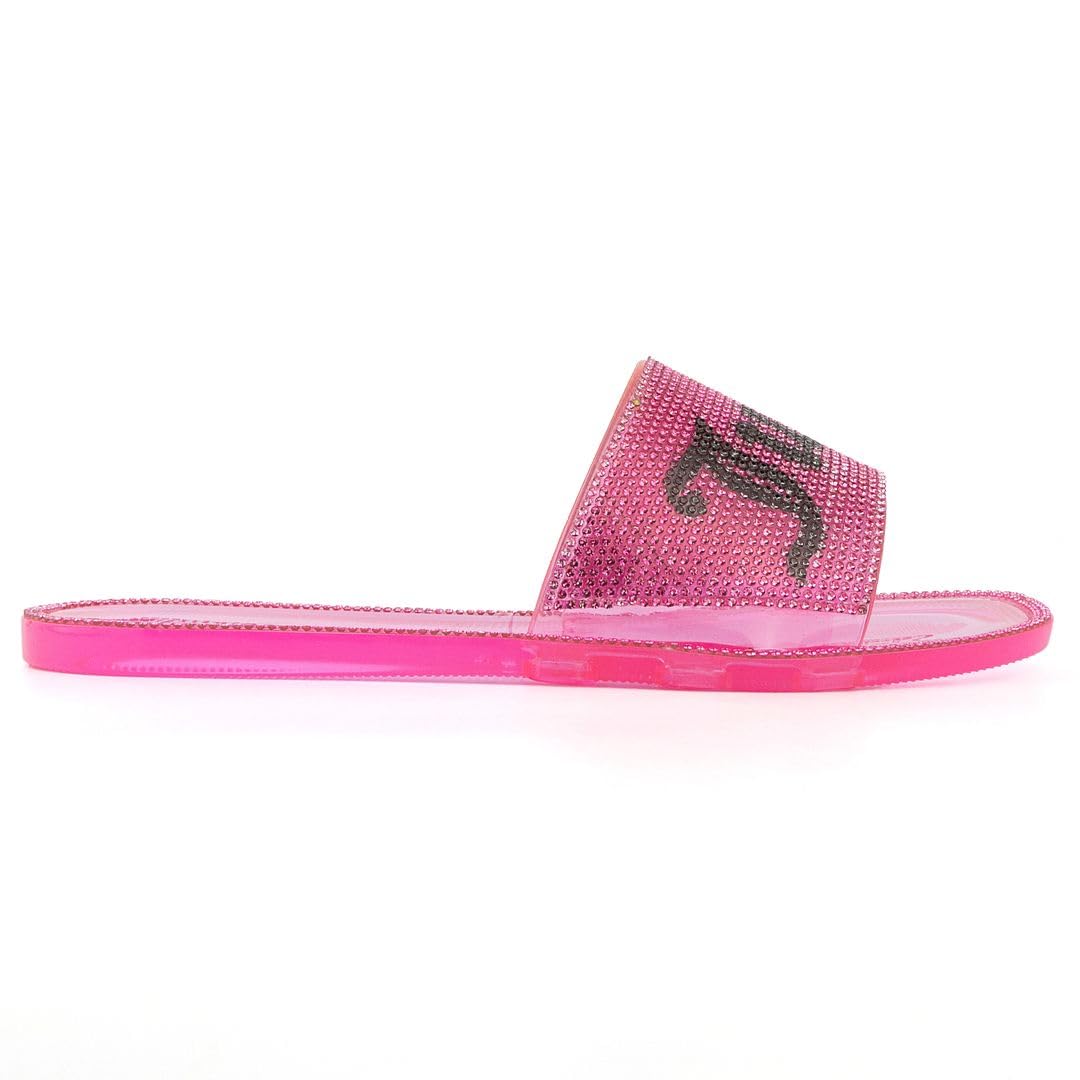 JUICY COUTURE Women's Bejeweled Flat Slide Sandals - Elegant Beach & Pool Style - Perfect for Summer Outings, Vacations, and Casual Wear