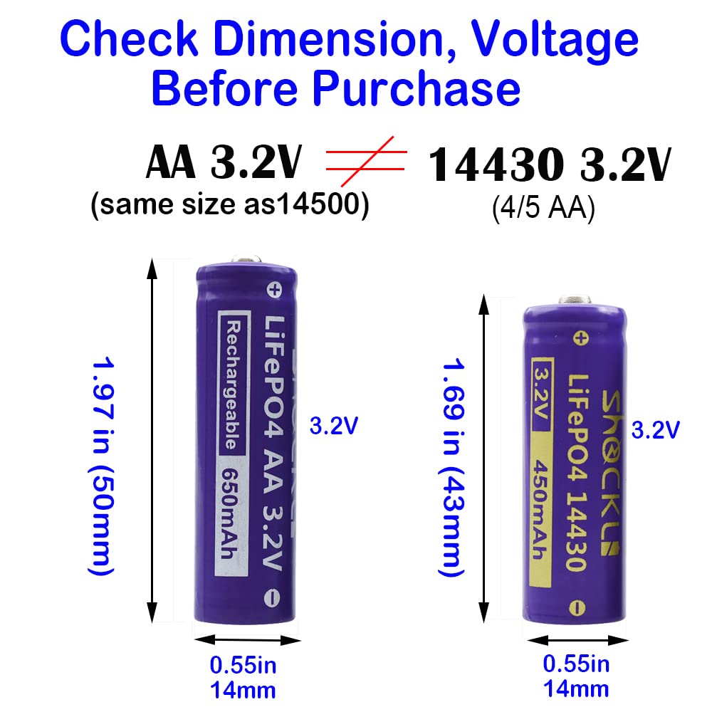 (8-Pack) Shockli AA 3.2V 650mAh LiFePO4 Rechargeable Batteries - Lithium Iron Phosphate Solar Batteries for Solar Garden Lights, Outdoor Lighting & Solar Powered Devices