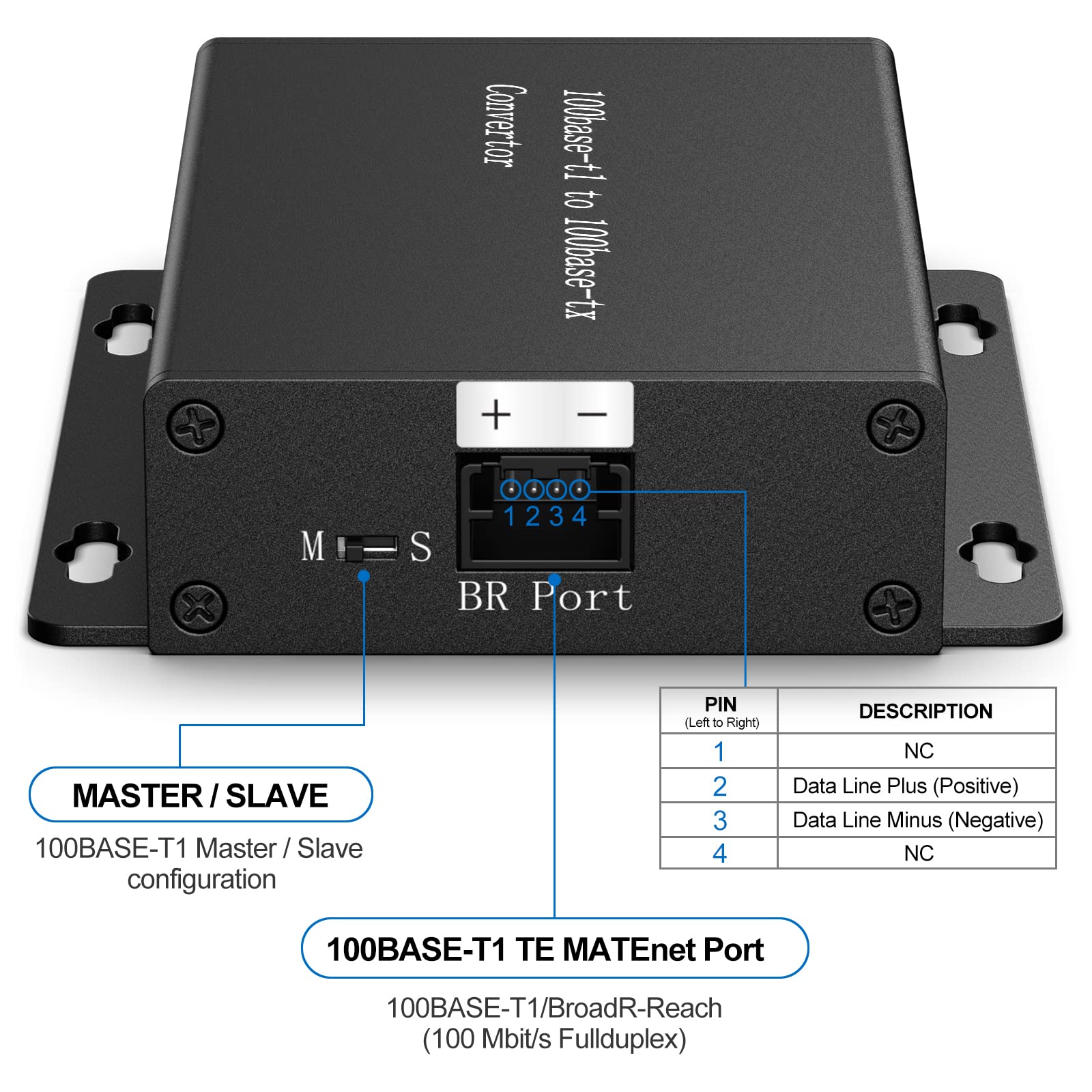 100BASE-T1 to 100BASE-TX Ethernet Media Converter - Automotive Grade 2-Wire BroadR-Reach to Fast Ethernet Adapter (IEEE Compliant, 100Mbps) for Vehicle Diagnostics & In-Car Networking