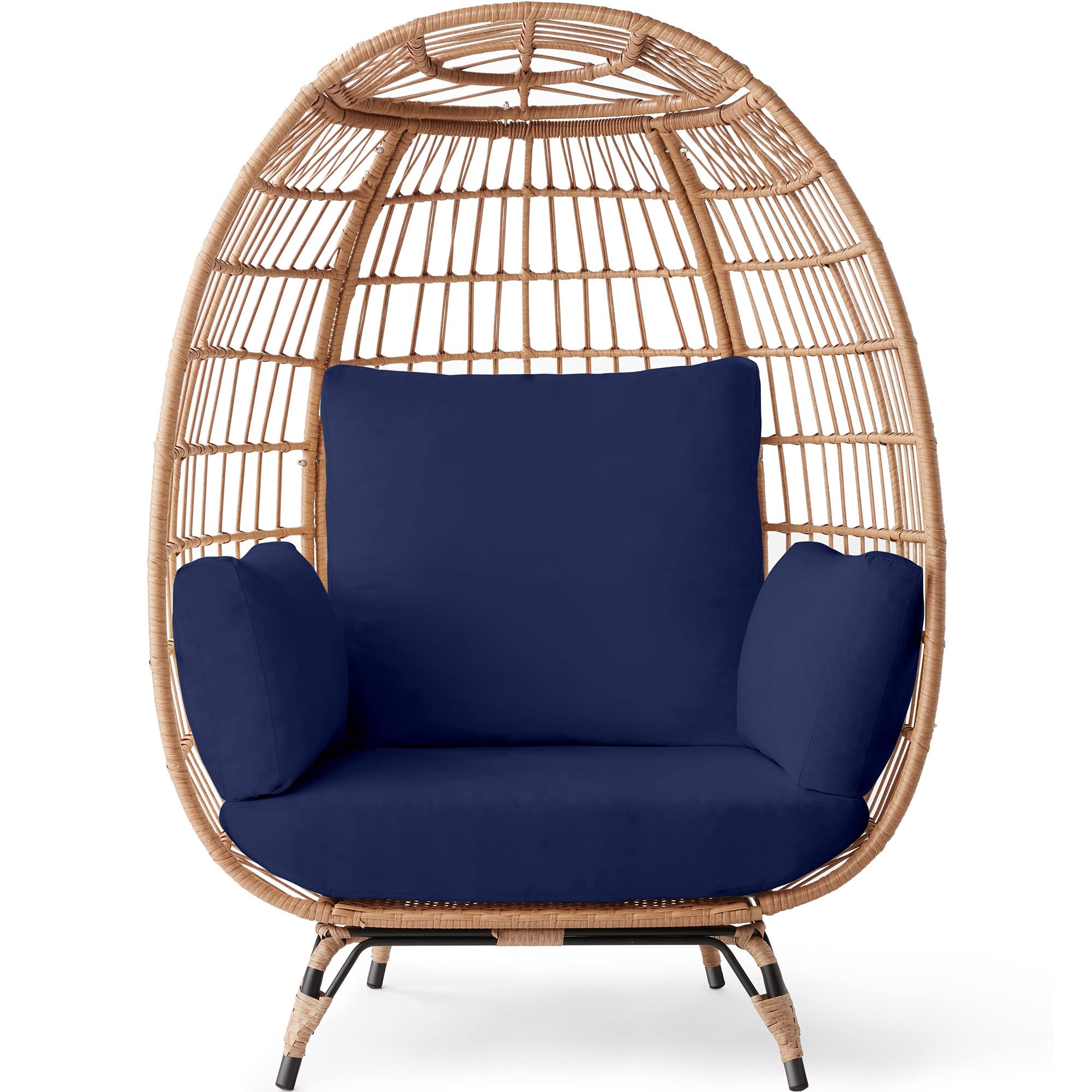 Best Choice Products Oversized Wicker Egg Chair - Indoor/Outdoor Hanging Lounger with 4 Cushions & Steel Frame (440lb Capacity) - Navy Blue - Perfect for Patio, Backyard, Living Room, and Relaxation Spaces