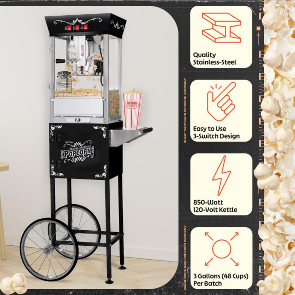 Great Northern Popcorn Matinee 8oz Commercial Popcorn Machine with Cart - Stainless Steel Kettle, Warming Light & Accessories - Perfect for Movie Nights, Parties & Concession Stands (Black)