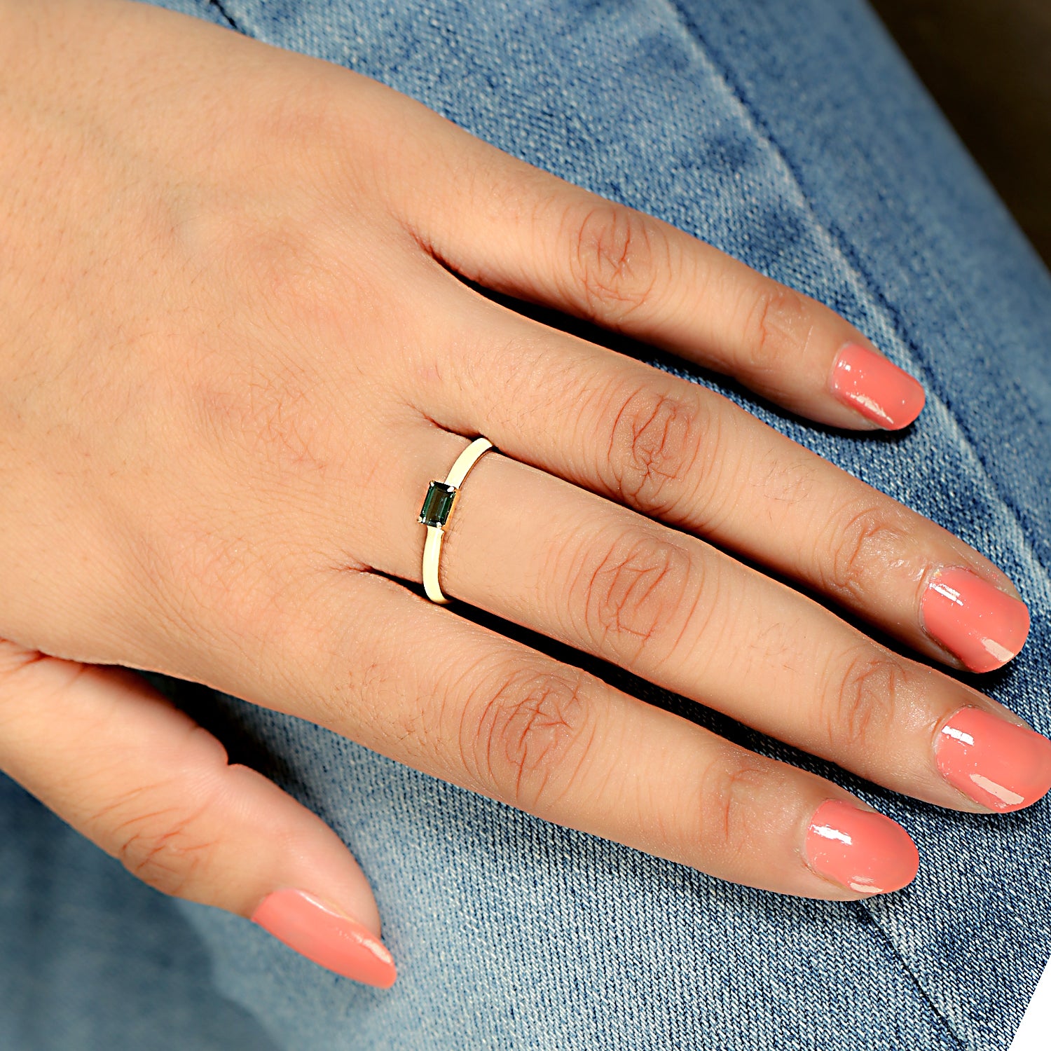14K Yellow Gold Baguette Cut Green Tourmaline Enamel Single Stone Band Ring for Women | Elegant Wedding, Engagement & Everyday Jewelry Gift