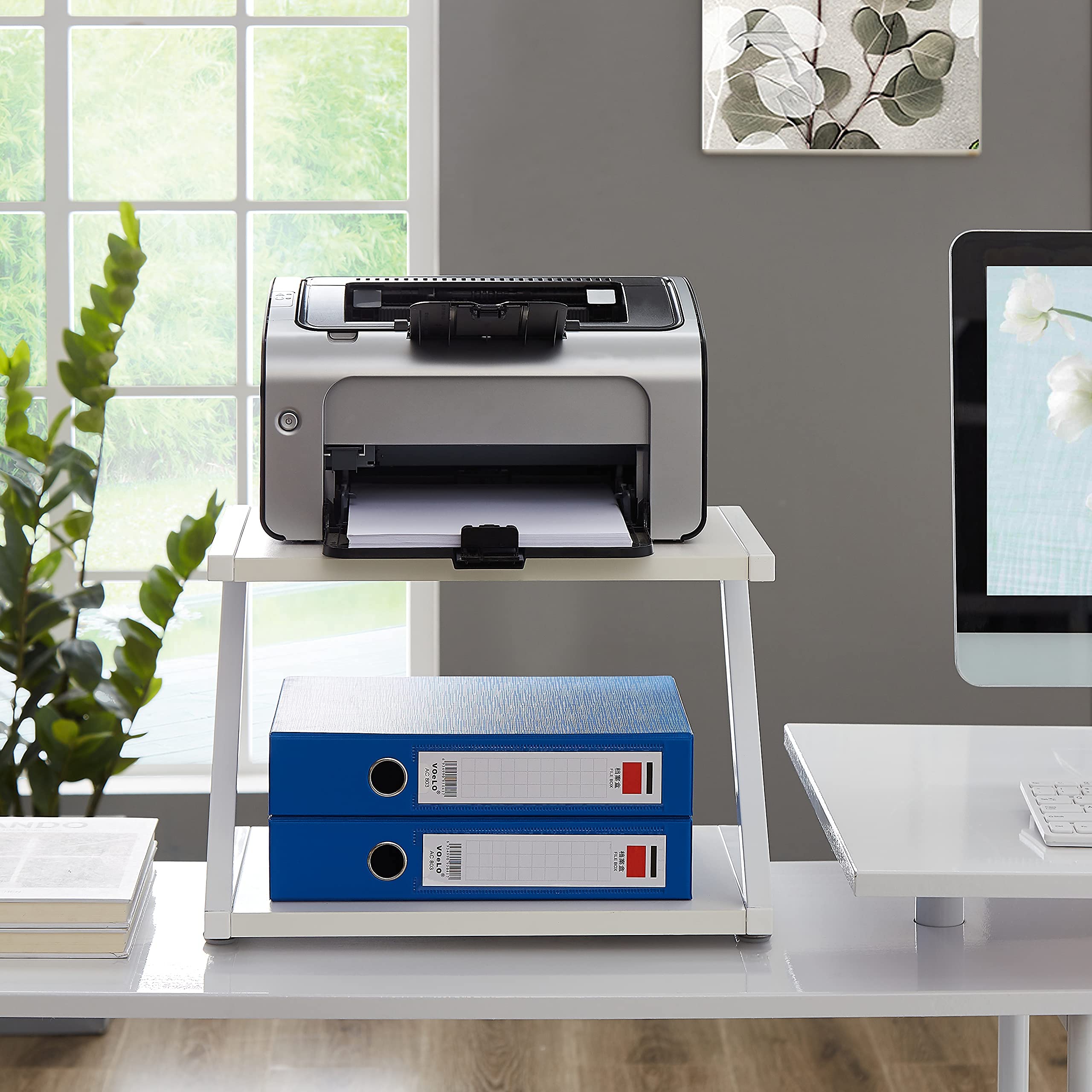 2-Tier White Printer Stand for Desk with Paper Storage - Compact Desktop Printer Organizer & Storage Shelf for Home or Office Workspace - Perfect for HP, Epson, Canon Printers & Office Supplies Organization