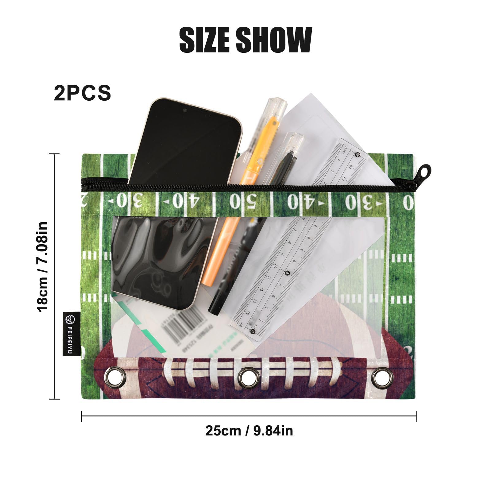 2 Pack Clear Zippered Football Pencil Pouch for 3 Ring Binder - School, Office & College Supplies - Perfect for Organizing Pens, Cosmetics & Daily Essentials