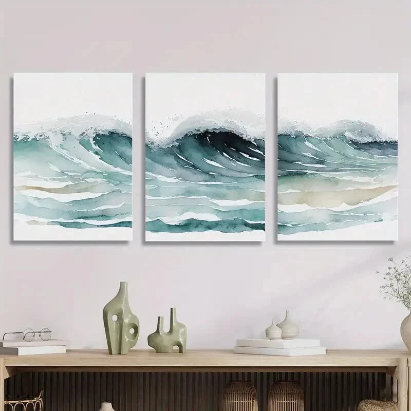 3-Piece Ocean Waves Watercolor Painting Metal Prints - Ready to Hang Wall Art Decor for Living Room, Bedroom & Office