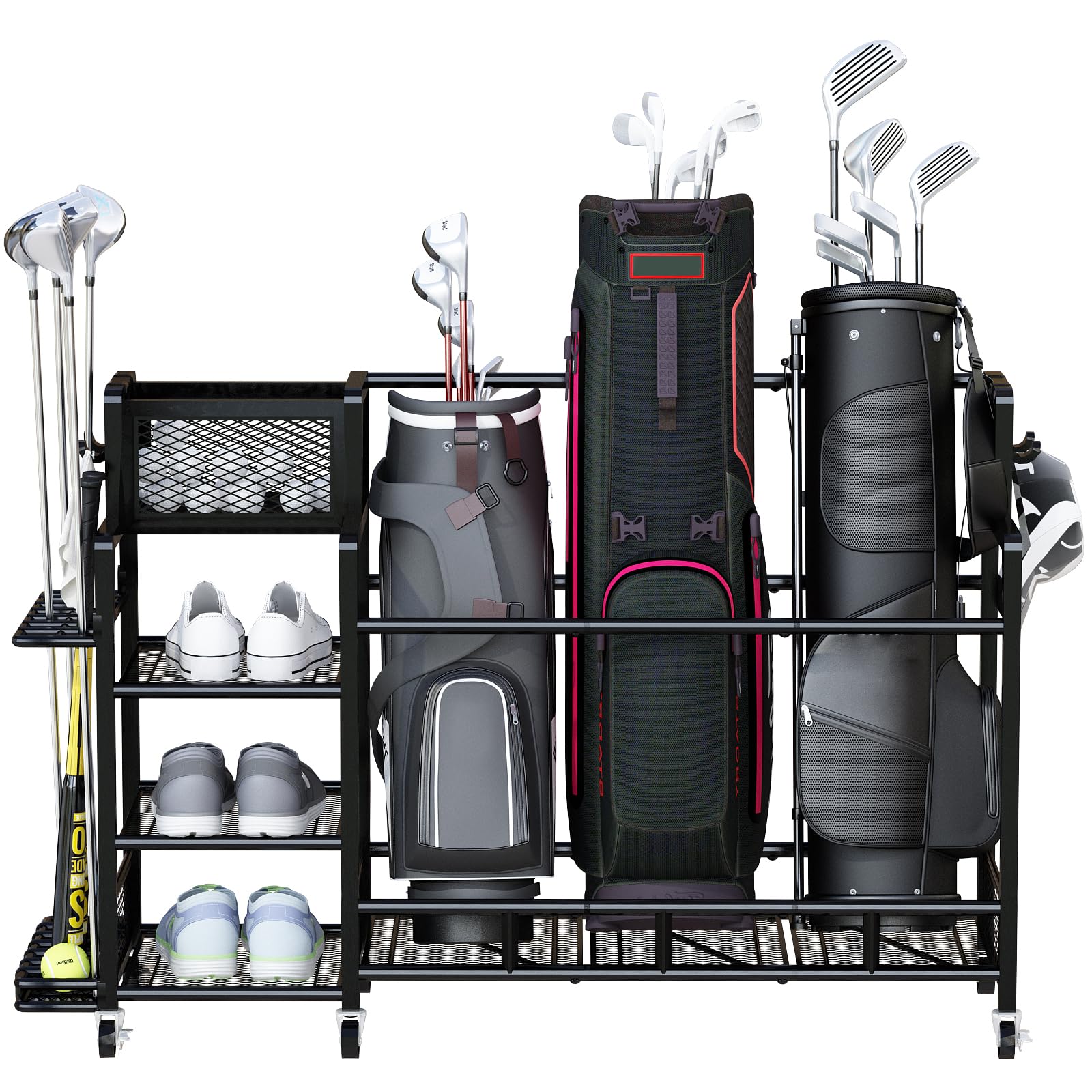 Recaceik Large Golf Storage Organizer with Wheels - Metal Golf Bag Stand & Accessories Rack for Garage, Shed, Basement (Black) | Perfect for Golf Club Storage & Organization in Home, Garage or Outdoor Spaces