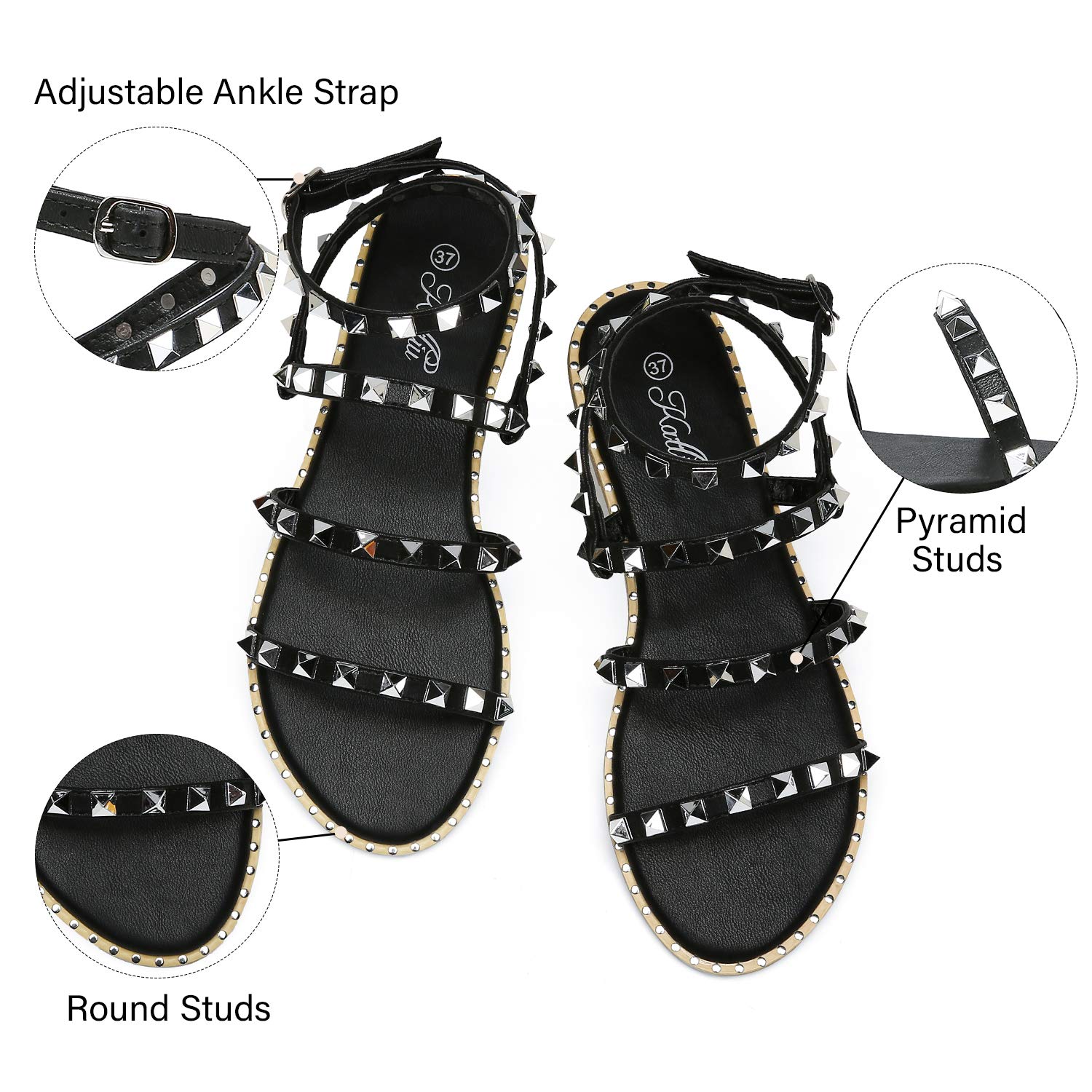 Katliu Women's Flat Sandals - Strappy Studded Gladiator Sandals with Ankle Strap | Comfortable Summer Casual Shoes for Beach, Vacation & Everyday Wear