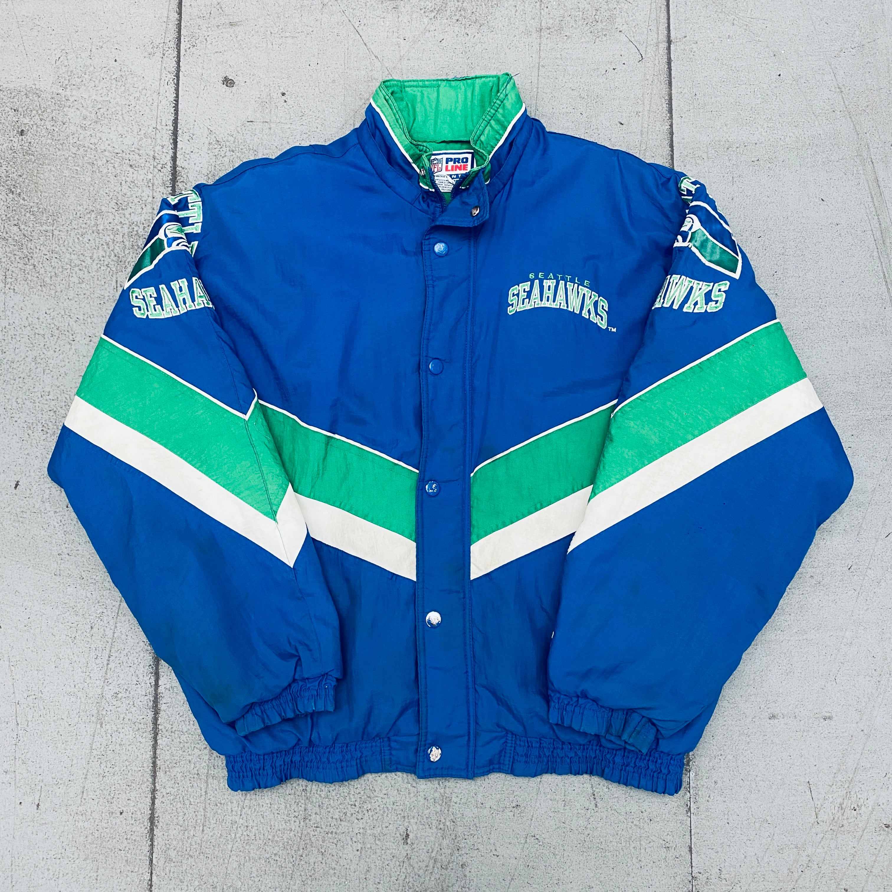 Seattle Seahawks 1990s Full-Zip Proline Starter Chevron Jacket - Vintage NFL Football Jacket for Men (Large) - Perfect for Game Day, Tailgating & Retro Sports Fashion