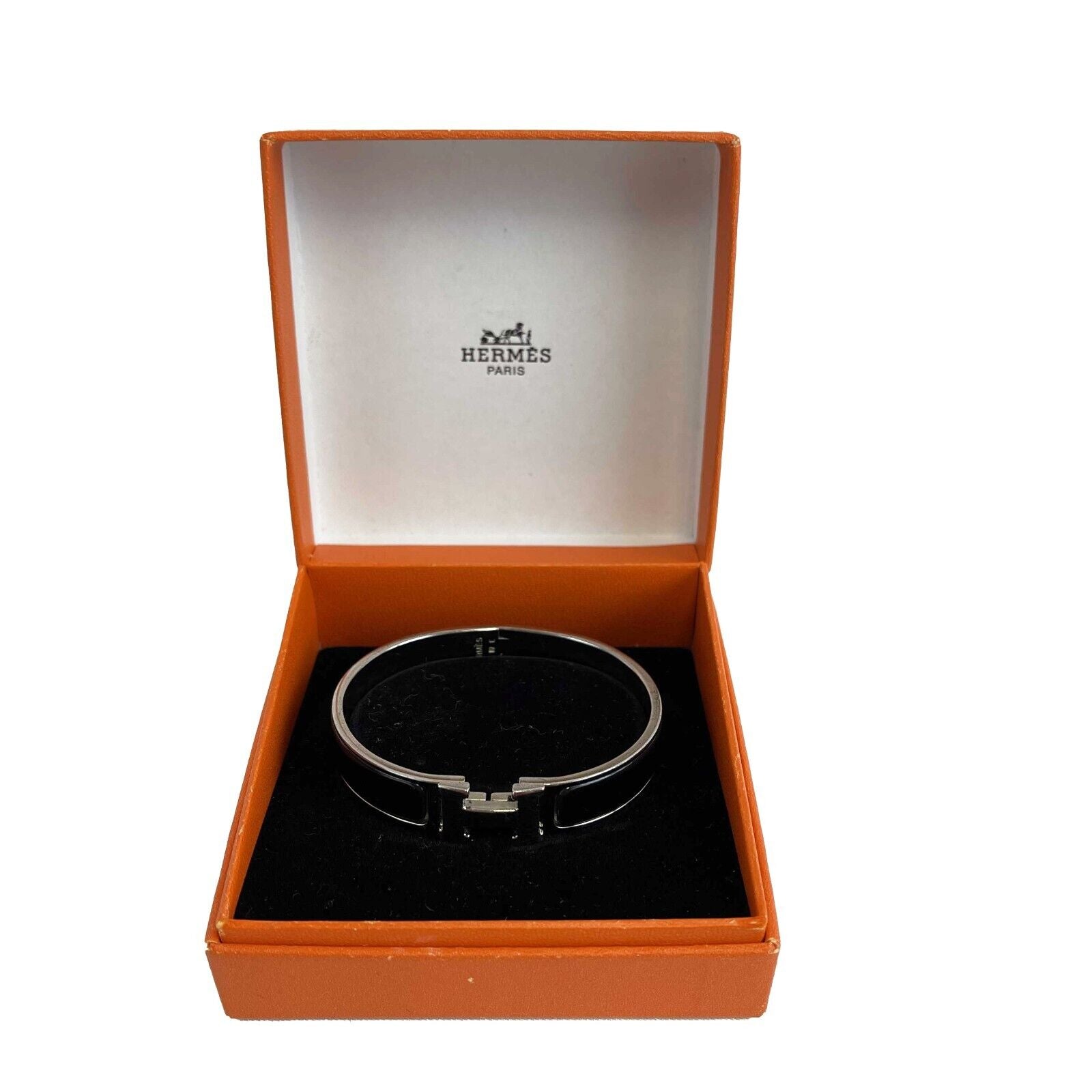 HERMES Clic H Bracelet - Black Enamel & Silver H Twist Lock | Elegant Jewelry for Women | Perfect for Parties, Weddings & Special Occasions