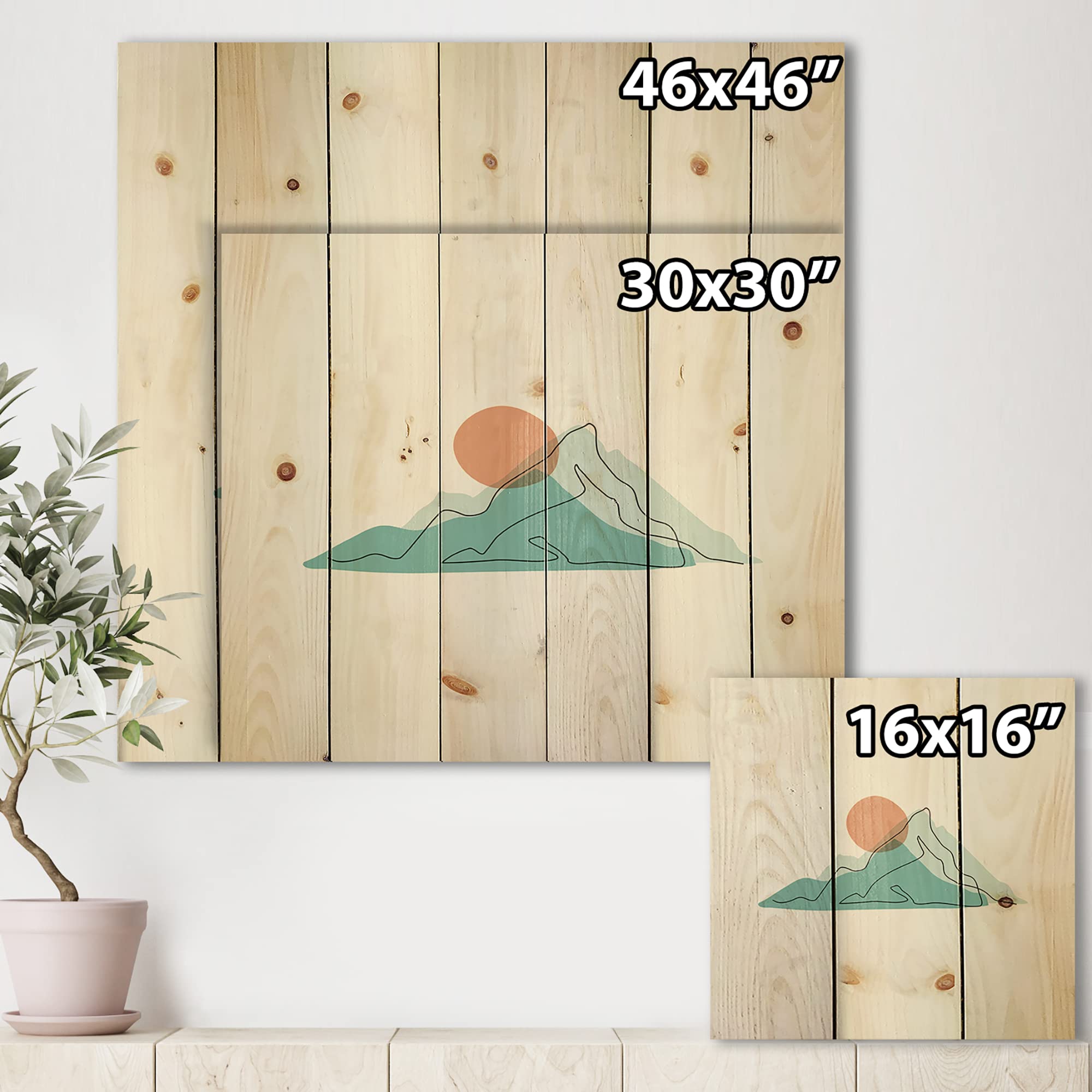 DesignQ Red Moon Over Abstract Blue Mountains II - Modern Wood Wall Art Decor, Large Landscape Pine Wood Panel Print - Perfect for Living Room, Bedroom & Office Decor