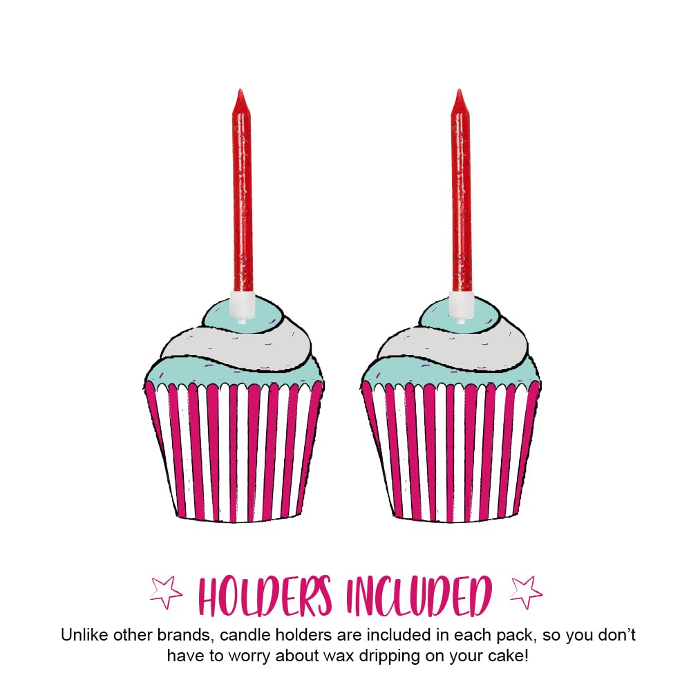 12 Pack Red Glitter Birthday Candles with Holders - 7.5cm Tall Cake Decorations for Birthday Parties, Weddings & Special Celebrations - AHC152