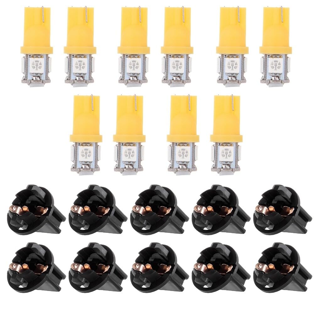 10-Pack T10 5-5050-SMD PC194 LED Bulbs - Yellow Instrument Panel Cluster Dash Lights with Twist Lock Socket - Perfect for Car, Truck, Boat & RV Dashboard Lighting Upgrade