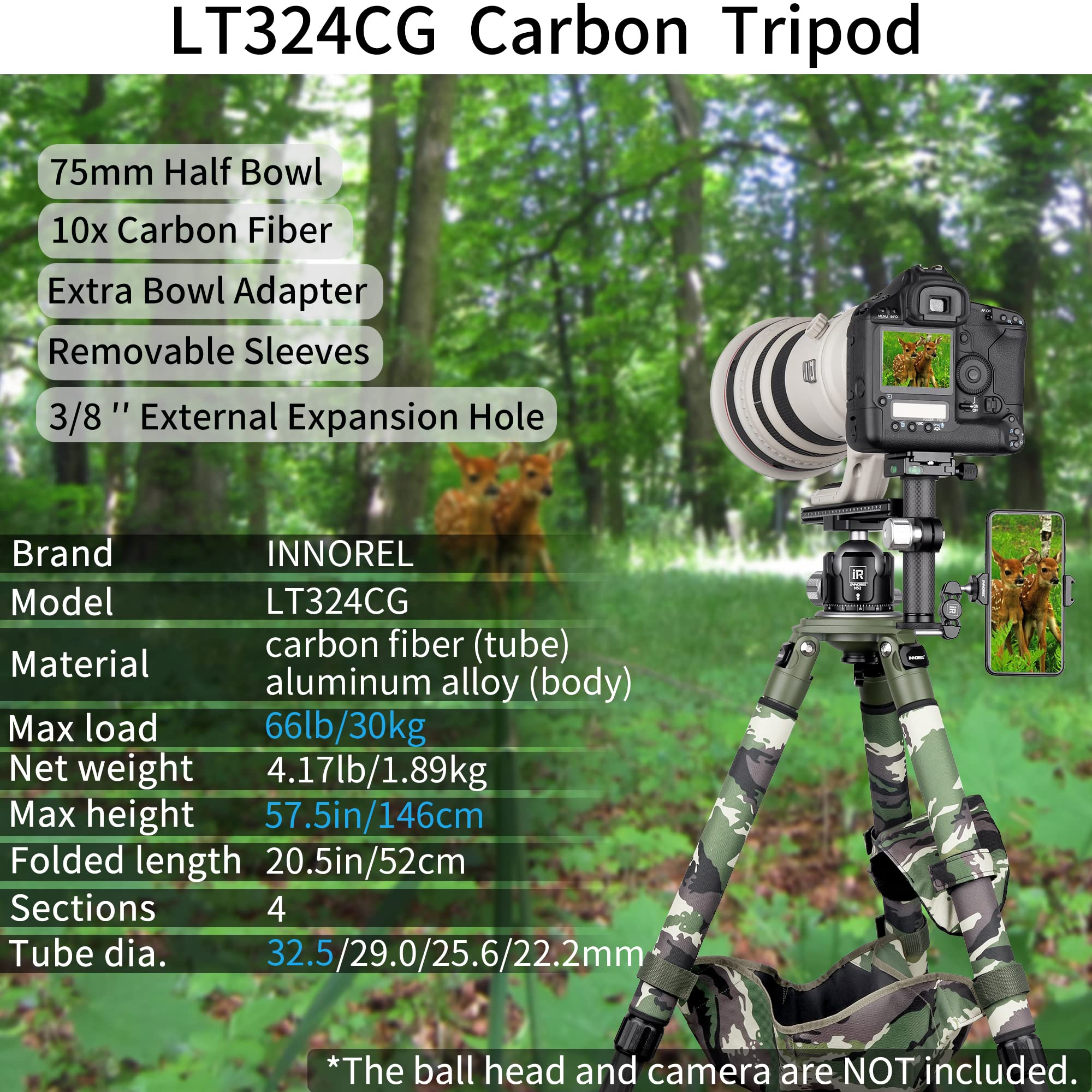INNOREL LT324CG Professional Heavy Duty Carbon Fiber Tripod Stand - 75mm Adapter for DSLR Cameras, Bird Photography - Max Load 66lbs/30kg, Max Height 57in/146cm - Portable Travel Tripod for Outdoor Shooting, Wildlife Photography & Vlogging