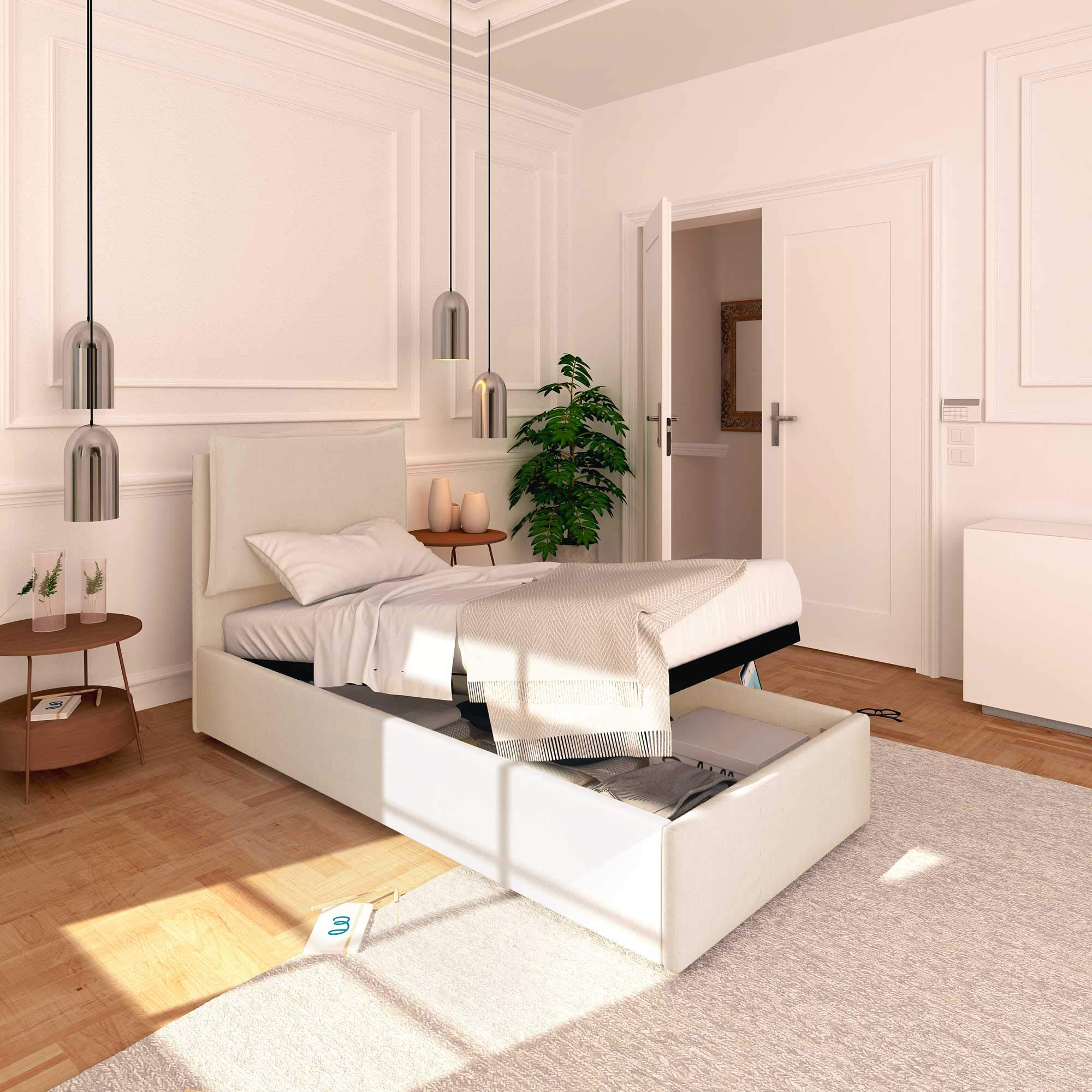 Baldiflex Single Bed with Storage - Licia Model Synthetic Leather Upholstery, Bed Frame Furniture with Slatted Base for Single Mattresses, 80 x 190 cm, Thin Padded Headboard in White - Perfect for Small Bedrooms, Guest Rooms & Studio Apartments