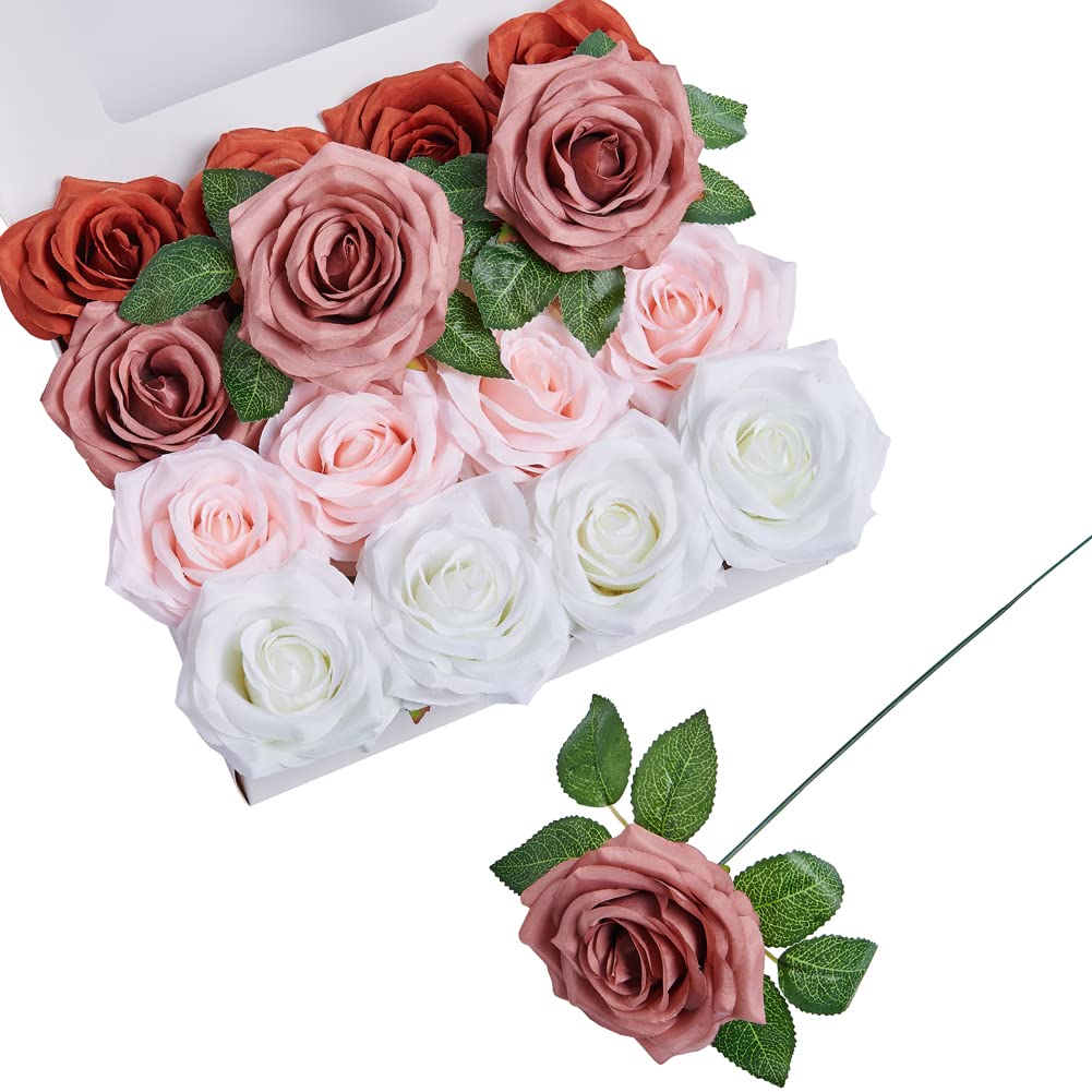 NEVISI 16Pcs Realistic Artificial Silk Roses - Lifelike Fake Flowers with Stems for DIY Wedding Bouquets, Table Centerpieces, Floral Arrangements, Home & Festival Decor (Burnt Orange) - Perfect for Wedding Decor, Party Decorations, and Home Interior Design