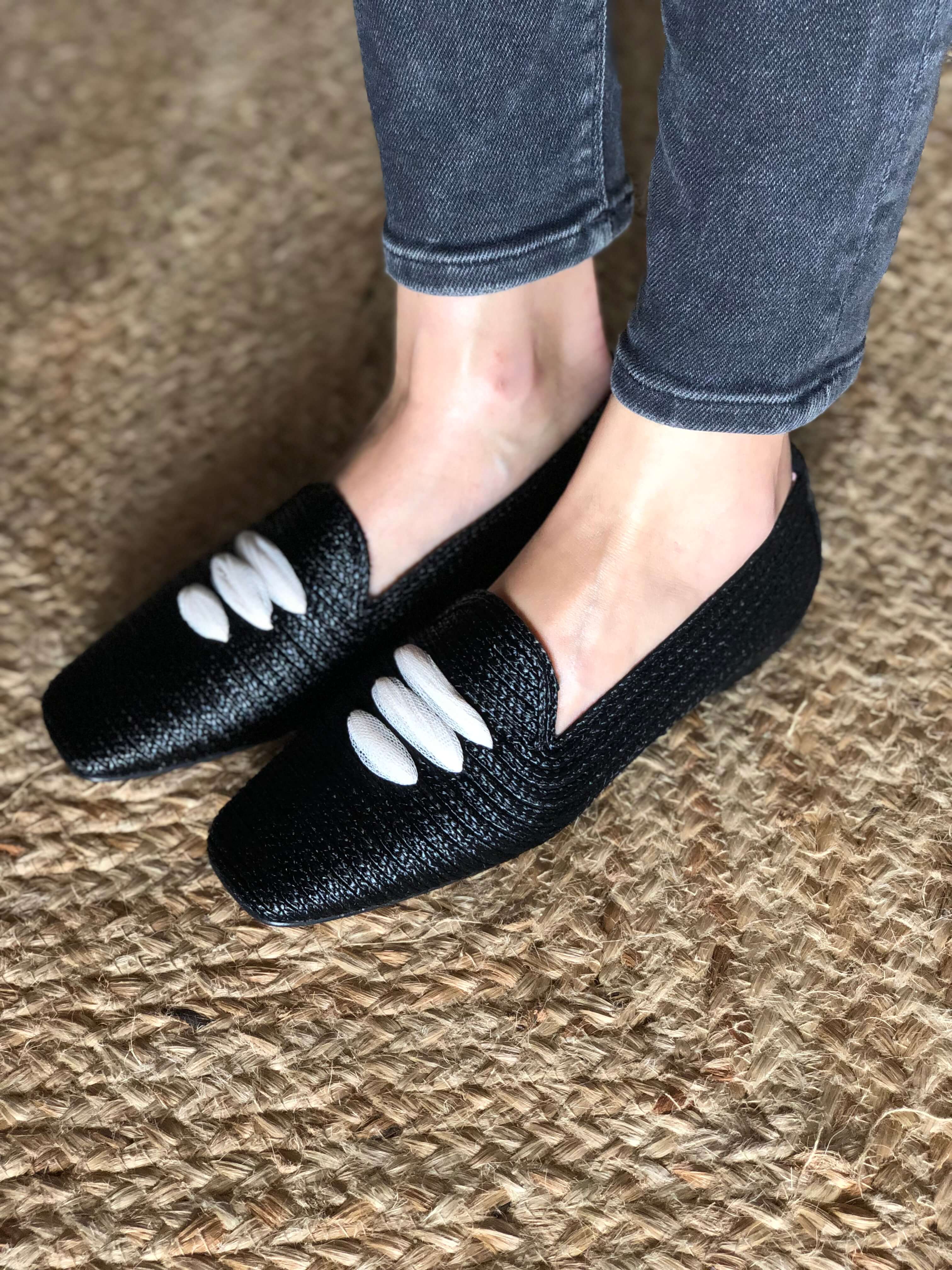 Casablanca Vegan Moccasins - Eco-Friendly Raffia Slip-On Shoes for Women | Black | Perfect for Beach, Summer & Casual Outings