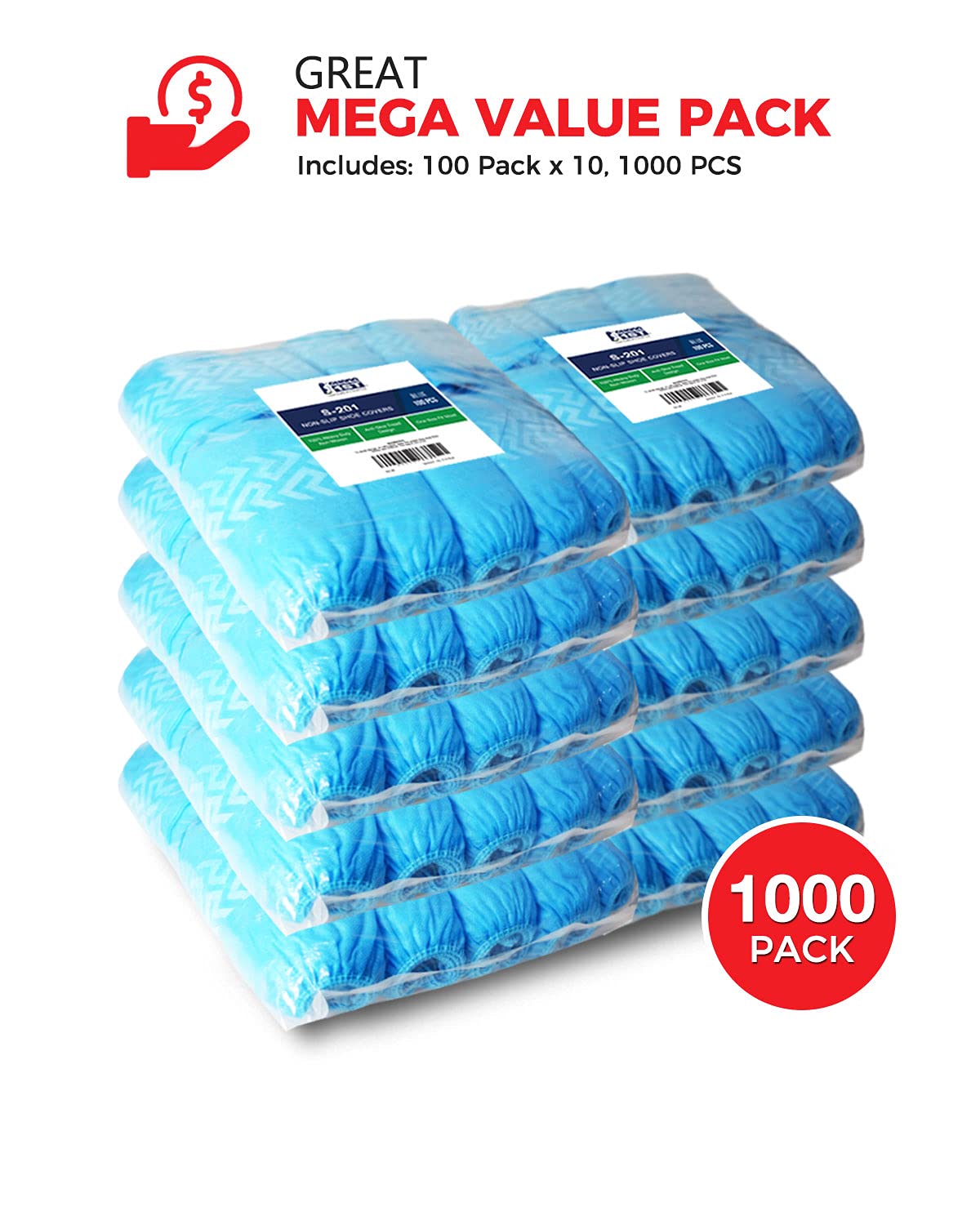 1000 Count Disposable Non-Slip Shoe Covers - Commercial MEGA Pack (100 Packs x 10) for Hospitals, Cleanrooms & Home Use - 1000 PCS Bulk Shoe Protectors for Medical, Construction & Indoor Safety