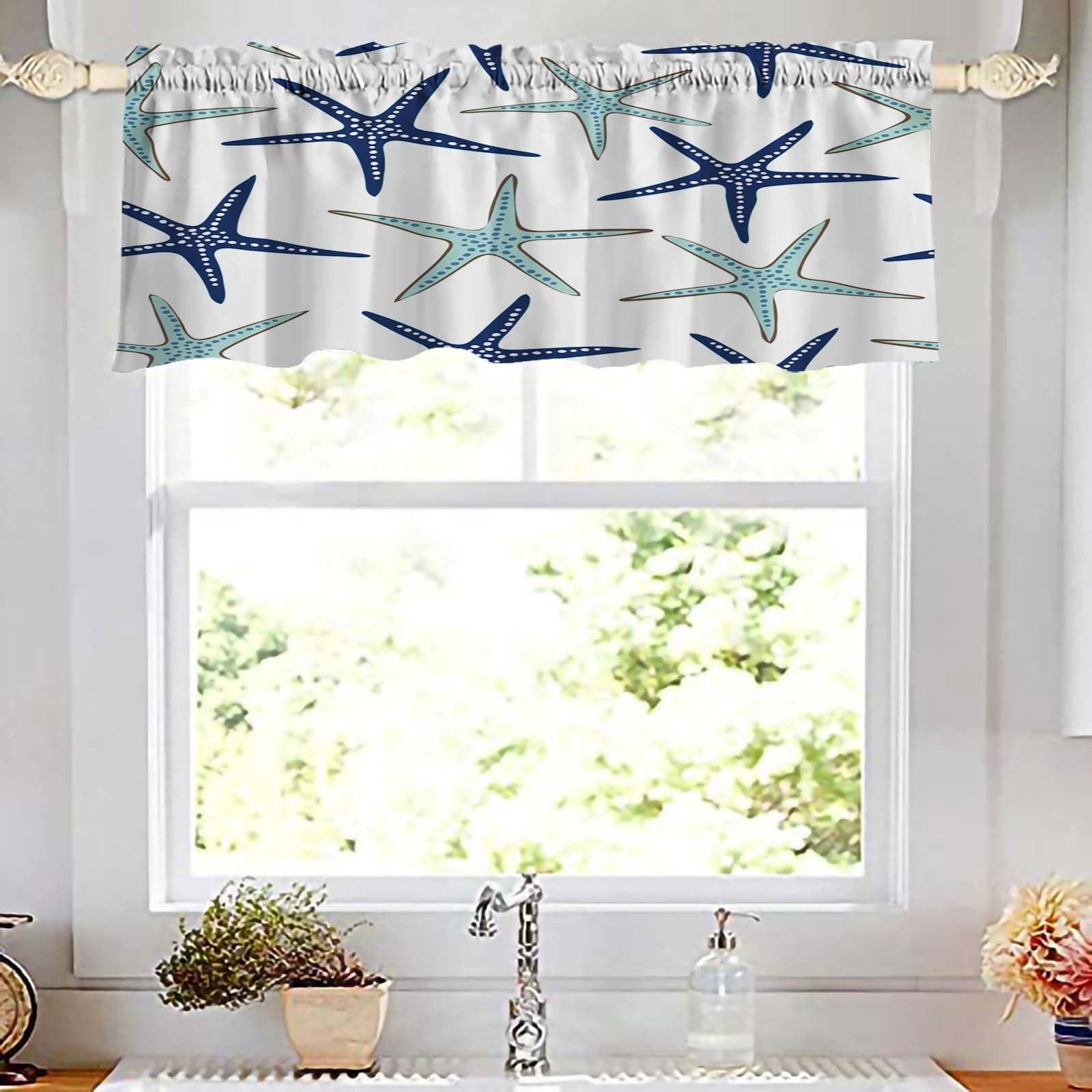 Starfish Kitchen Valance Curtains 52x18 Inches - Coastal Window Valance for Living Room, Bedroom, Bathroom & Dining Room Decor