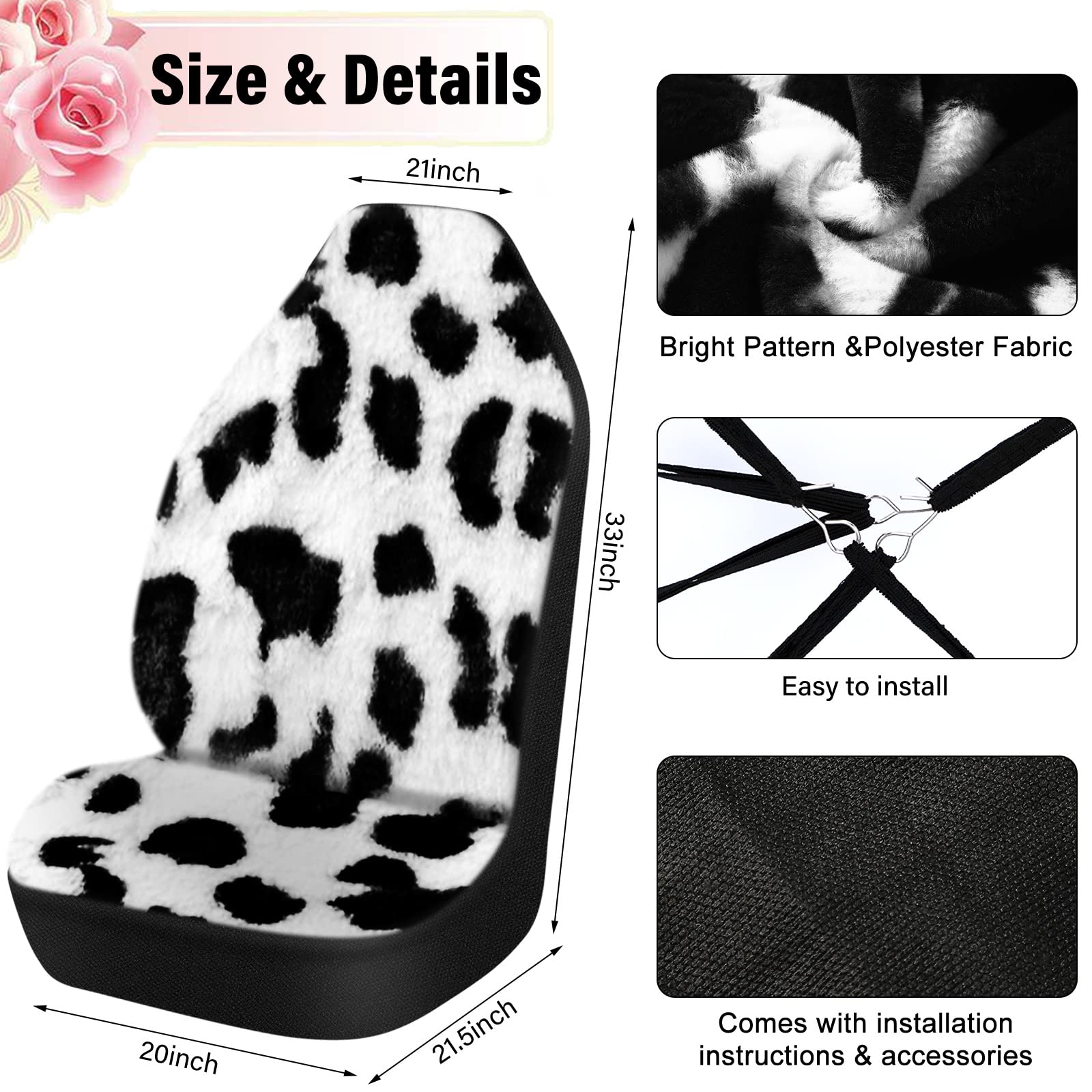 Plush Cow Print Car Seat Covers Set - Warm Winter Accessories for Christmas Decor