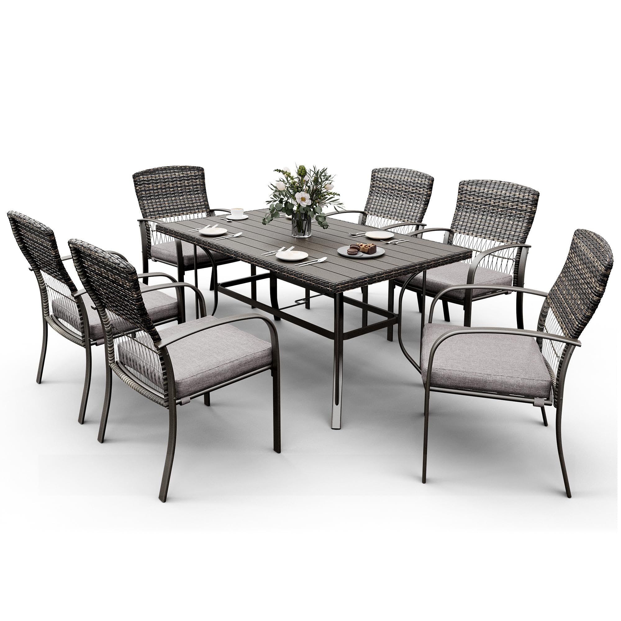 Pamapic 6-Piece All-Weather Rattan Outdoor Dining Set with Removable Waterproof Cushions & Umbrella Hole - Patio Table and Chairs for Backyard, Garden, Poolside (Gray)