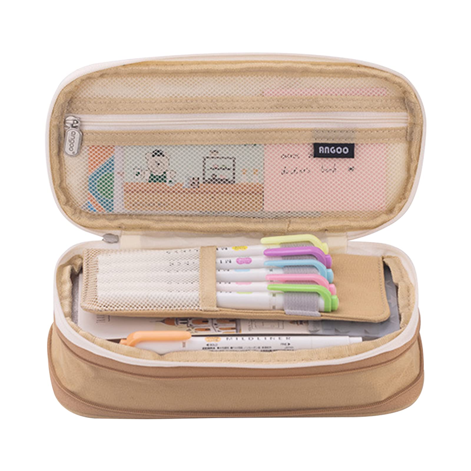 Rookin Large Capacity Pencil Case for School & Office - Multilayer Zippered Stationery Organizer with Storage Pockets - Perfect Gift for Kids, Students & Professionals (Khaki) - Ideal for Classroom, Homework & Office Supplies Organization