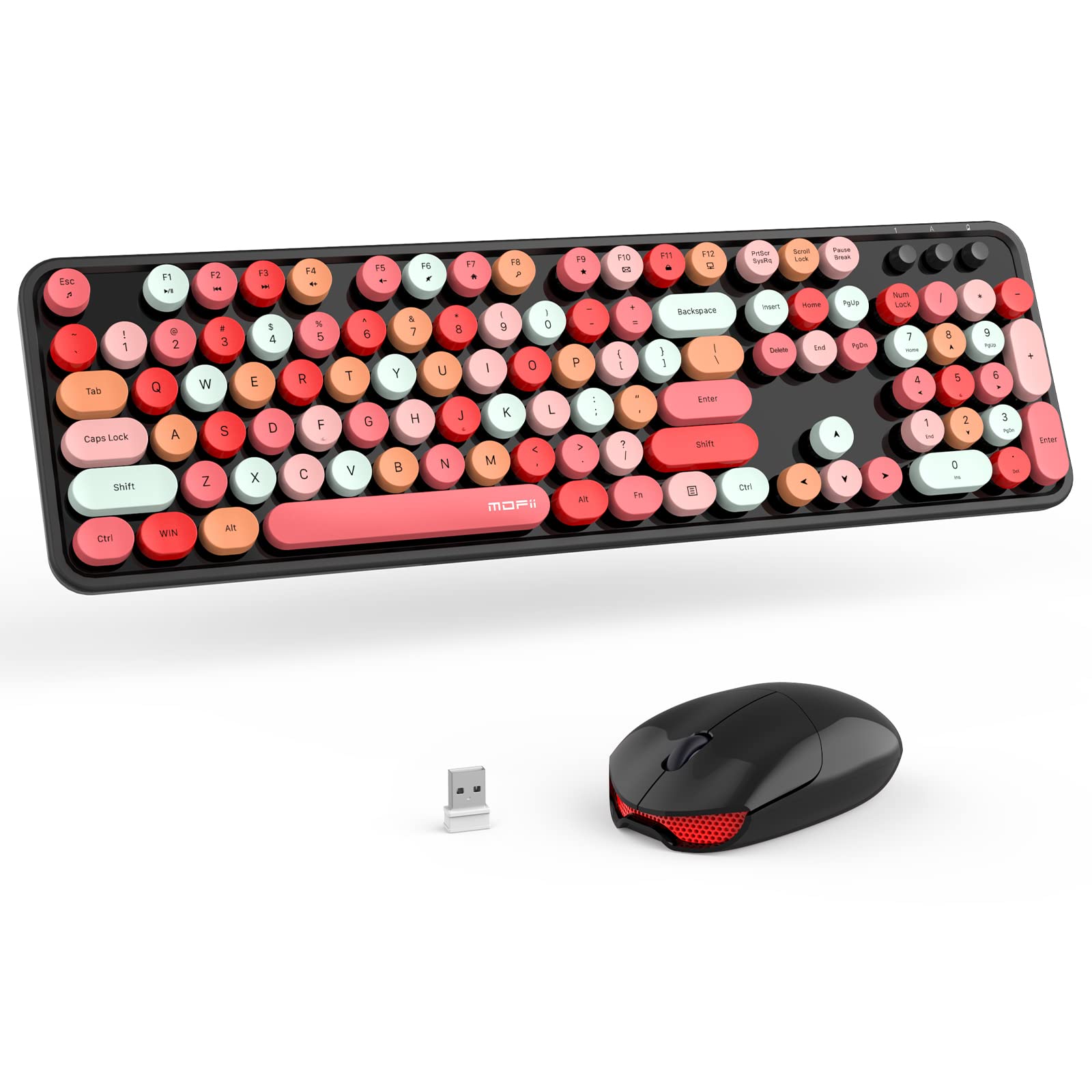 MOFII Retro Wireless Keyboard and Mouse Combo - 2.4GHz Full-Size Colorful Keyboard with Round Keycaps, Cute Wireless Mouse for PC, Laptop, Desktop, Mac & Windows (Black) - Perfect for Home Office, Gaming & Creative Works