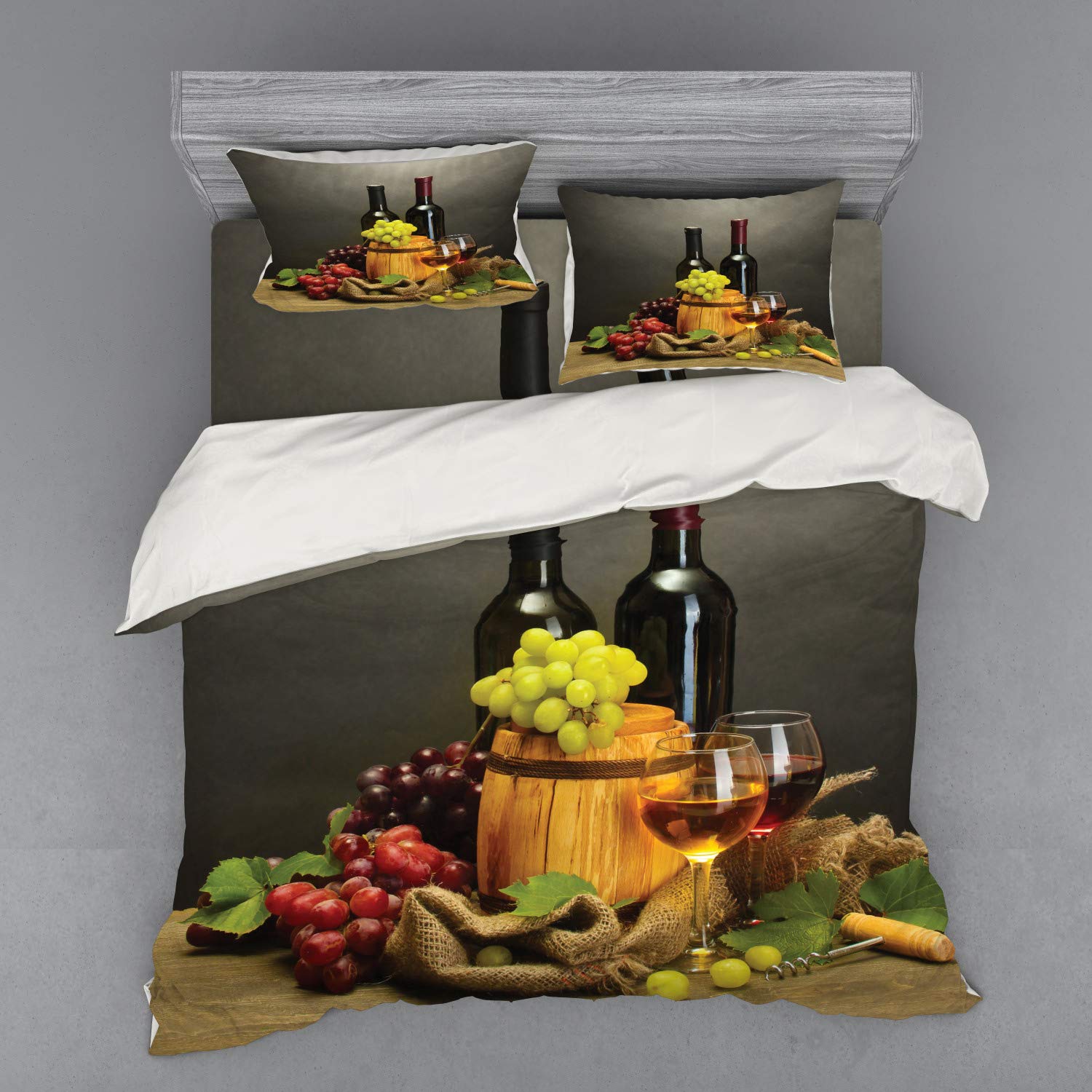 Ambesonne Winery Duvet Cover Set - King Size 4-Piece Bedding with Wine Bottles, Glasses & Grapes Print - Includes Shams & Fitted Sheet - Perfect for Wine Lovers' Bedroom Decor & Gift Ideas