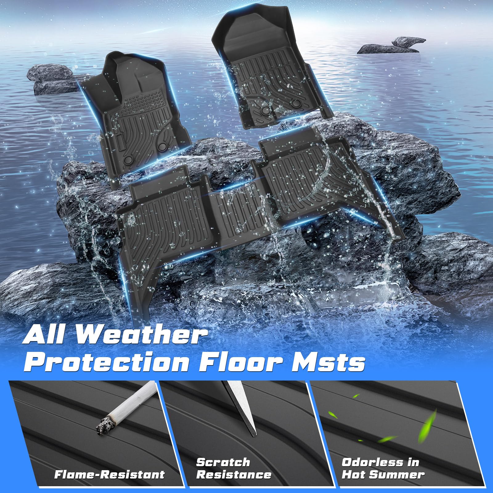 2019-2023 Ford Ranger SuperCrew All Weather Floor Mats - Heavy Duty 3PCS Front & 2nd Row Car Mats Set, Non-Slip Black Rubber Liners - Perfect for Off-Roading, Camping & Daily Driving Protection